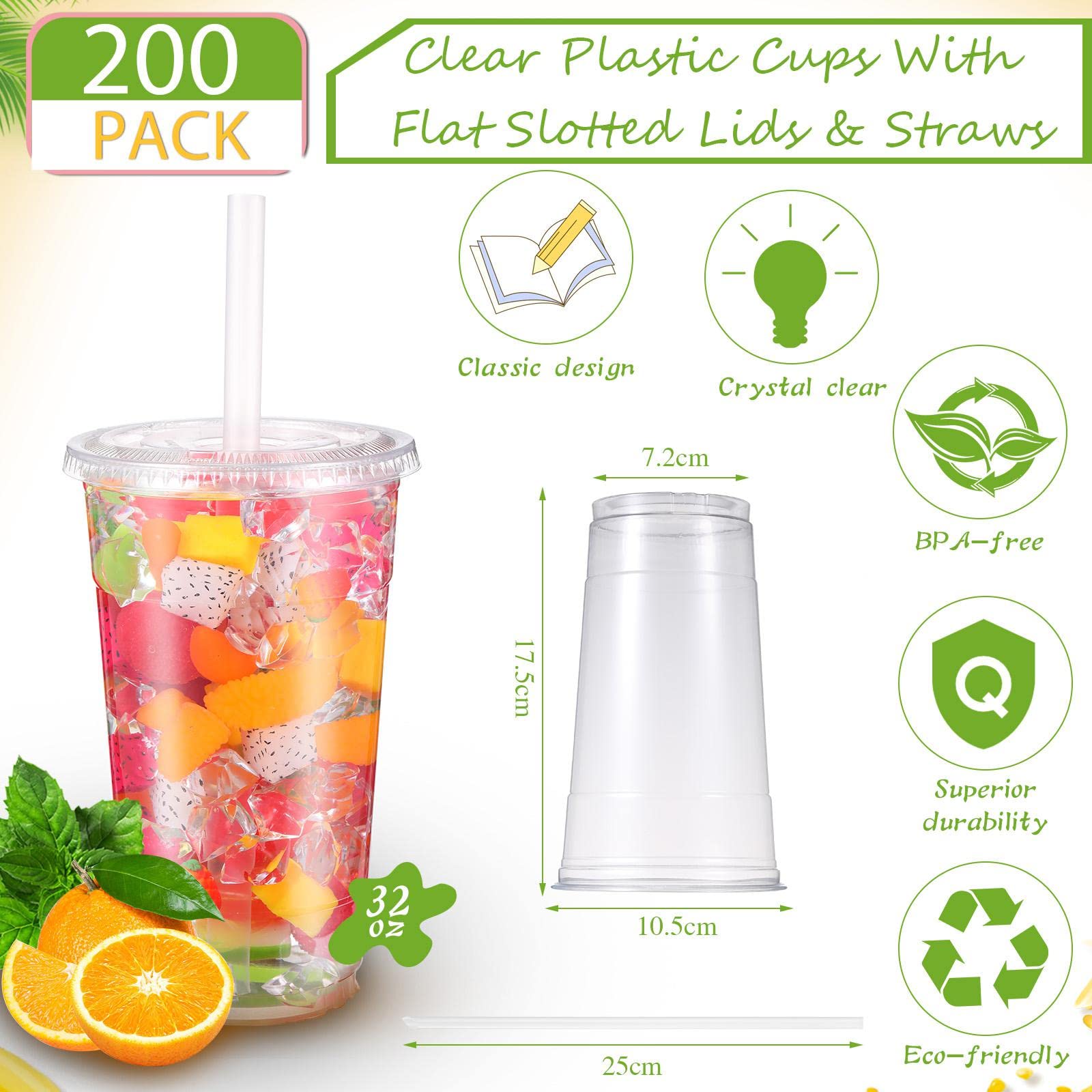 300 Pcs 32 oz Clear Plastic Cups with Lids & Straws - Disposable Coffee Cups with Flat Lids & Straw Slot - Perfect for Iced Cold Drinks, Bubble Tea, Smoothies, and Party Beverages