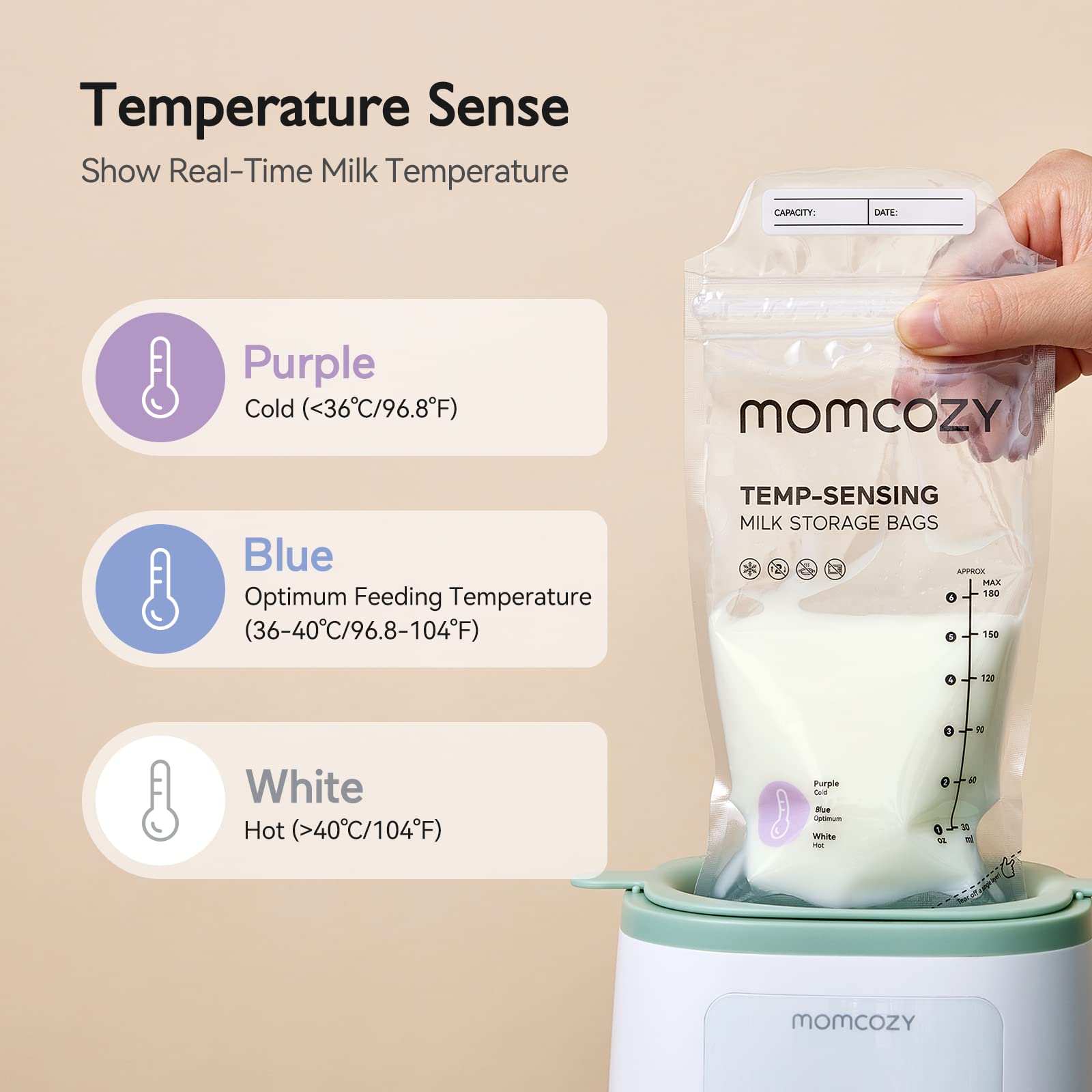 Momcozy Breastmilk Storage Bags - 6oz Disposable Self-Standing Freezer Bags with Temperature-Sensing Technology, Leak-Proof Design for Breastfeeding Moms (120 Count) - Perfect for Pumping, Storing, and Organizing Breast Milk at Home or On-the-Go