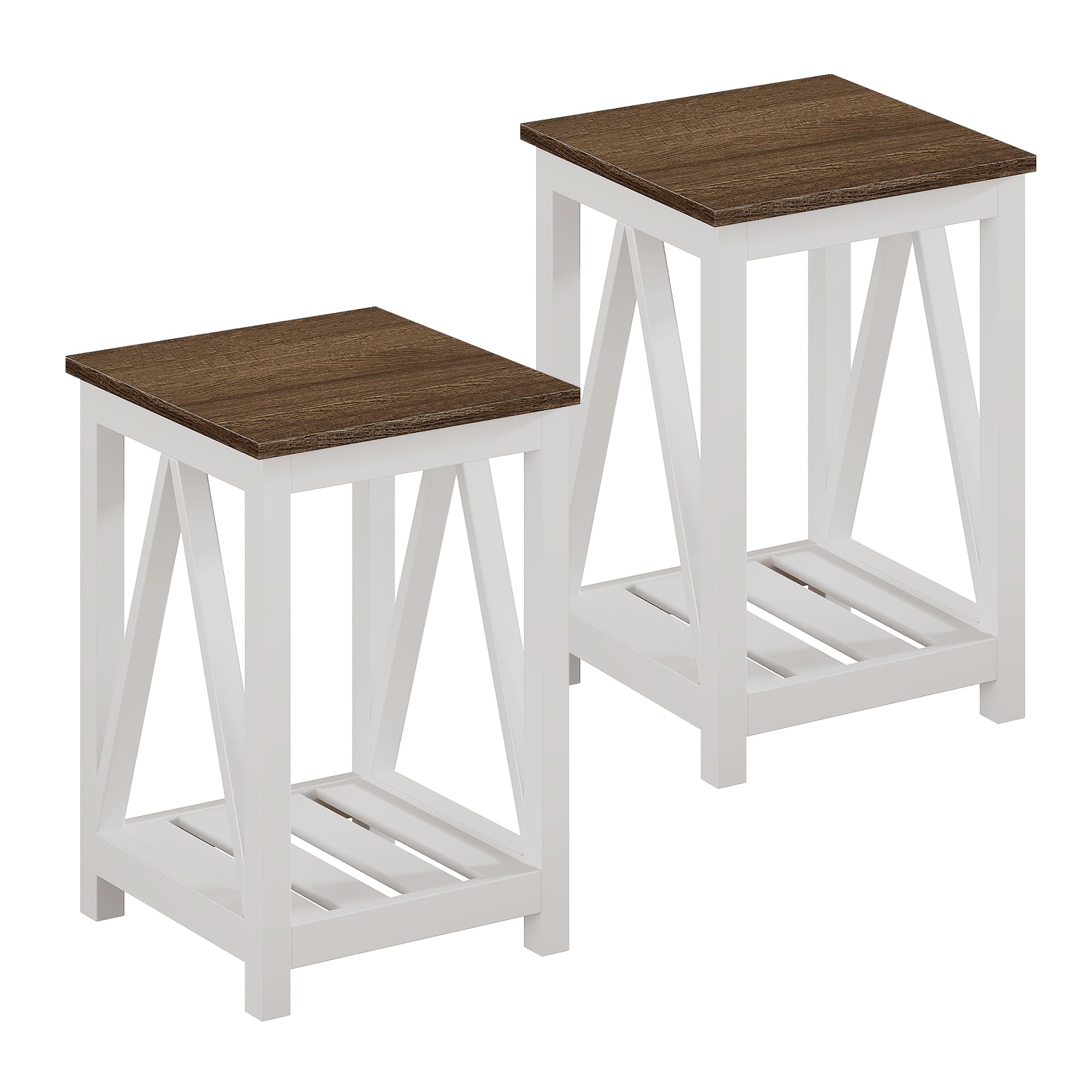 Rustic Vintage ChooChoo Farmhouse End Table with Storage Shelf - Small Space Nightstand, Sofa Side Table for Living Room & Bedroom - White Set of 2 - Perfect for Apartments, Dorms and Cozy Home Decor