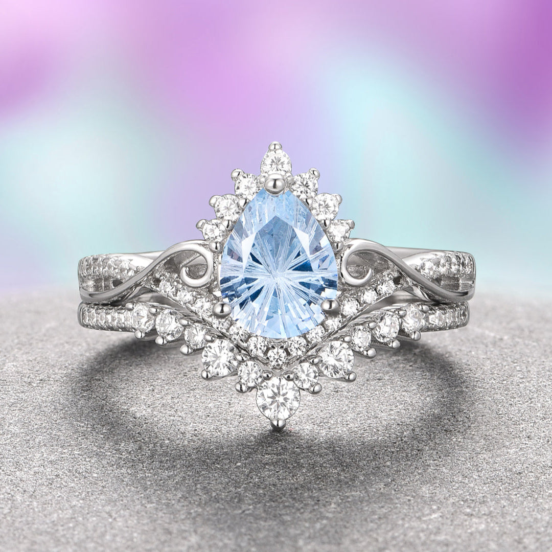 Faye Aquamarine Ring Set - Sterling Silver Fantasy Cut Gemstone Jewelry for Women - Perfect for Weddings, Anniversaries & Special Occasions