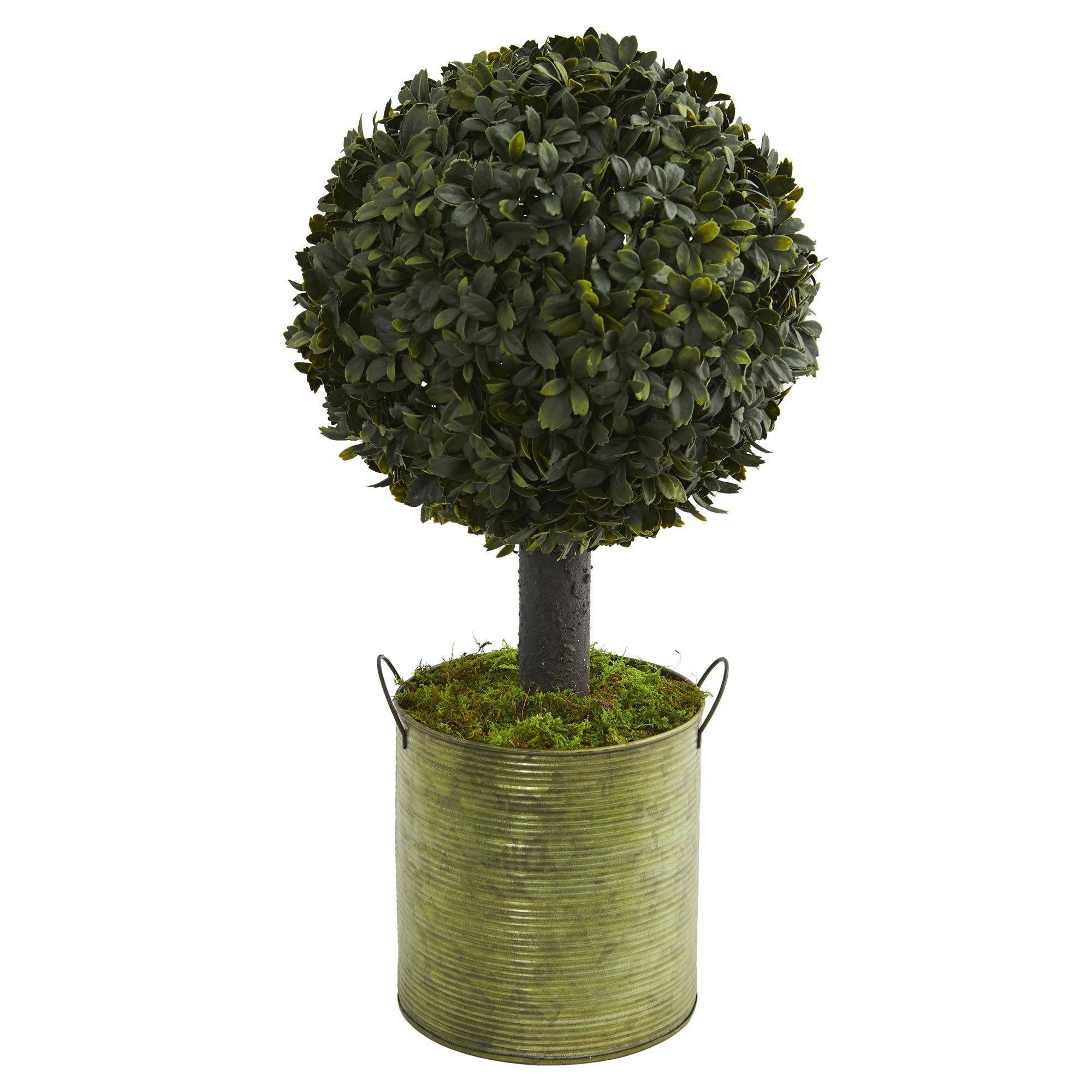 1.5' Artificial Boxwood Ball Topiary Tree - Green Tin Planter for Indoor & Outdoor Decor - Perfect for Home, Office, Patio, and Garden Decoration