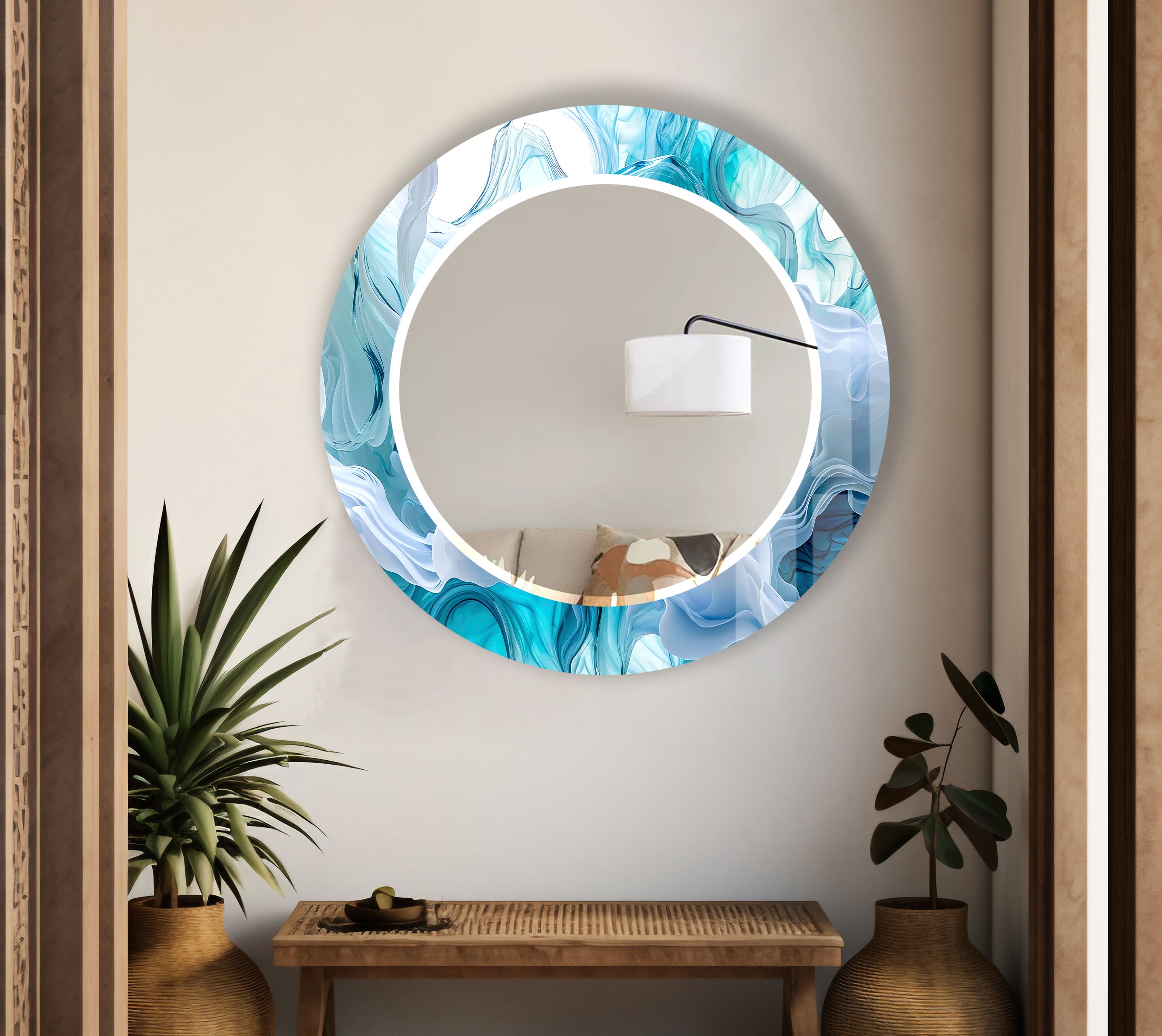 Aqua Blue Swirl Round Wall Mirror - Ocean Inspired Glass Frame for Coastal Home Decor | Bathroom, Bedroom & Living Room Wall Art | Nautical Themed Decor