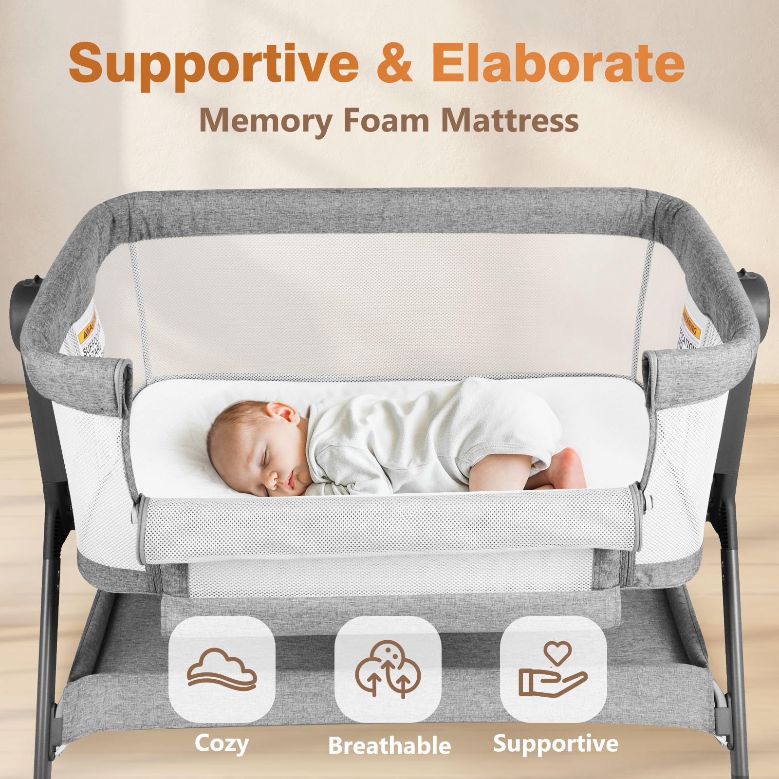 3-in-1 Baby Bassinet with Adjustable Height & Breathable Mesh - Portable Bedside Sleeper, Rocking Crib with Comfortable Mattress - Easy Assembly, Quiet Rolling Wheels for Nursery (Grey, 0-5 Months) - Perfect for Newborns, Nighttime Feeding & Co-Sleeping