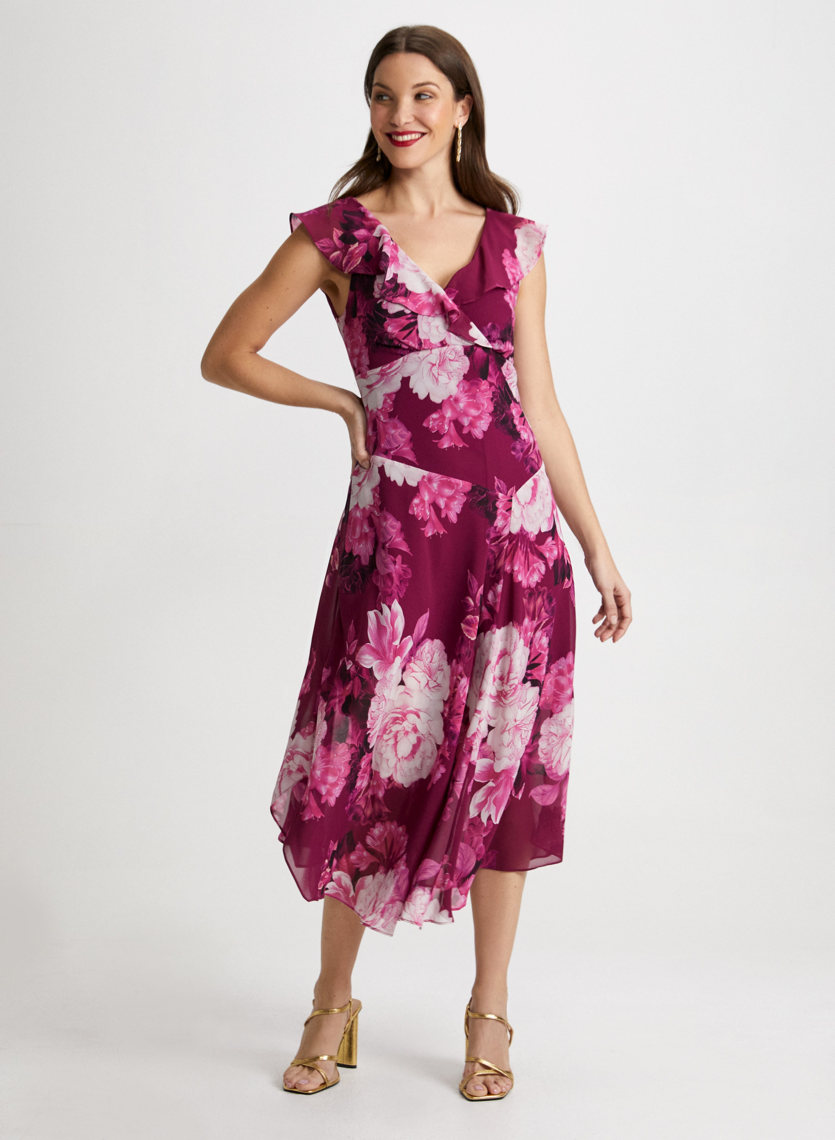 Floral Ruffle Capelet Dress with Linear Crystal Earrings Set - Elegant Women's Party Outfit for Weddings, Prom & Special Occasions