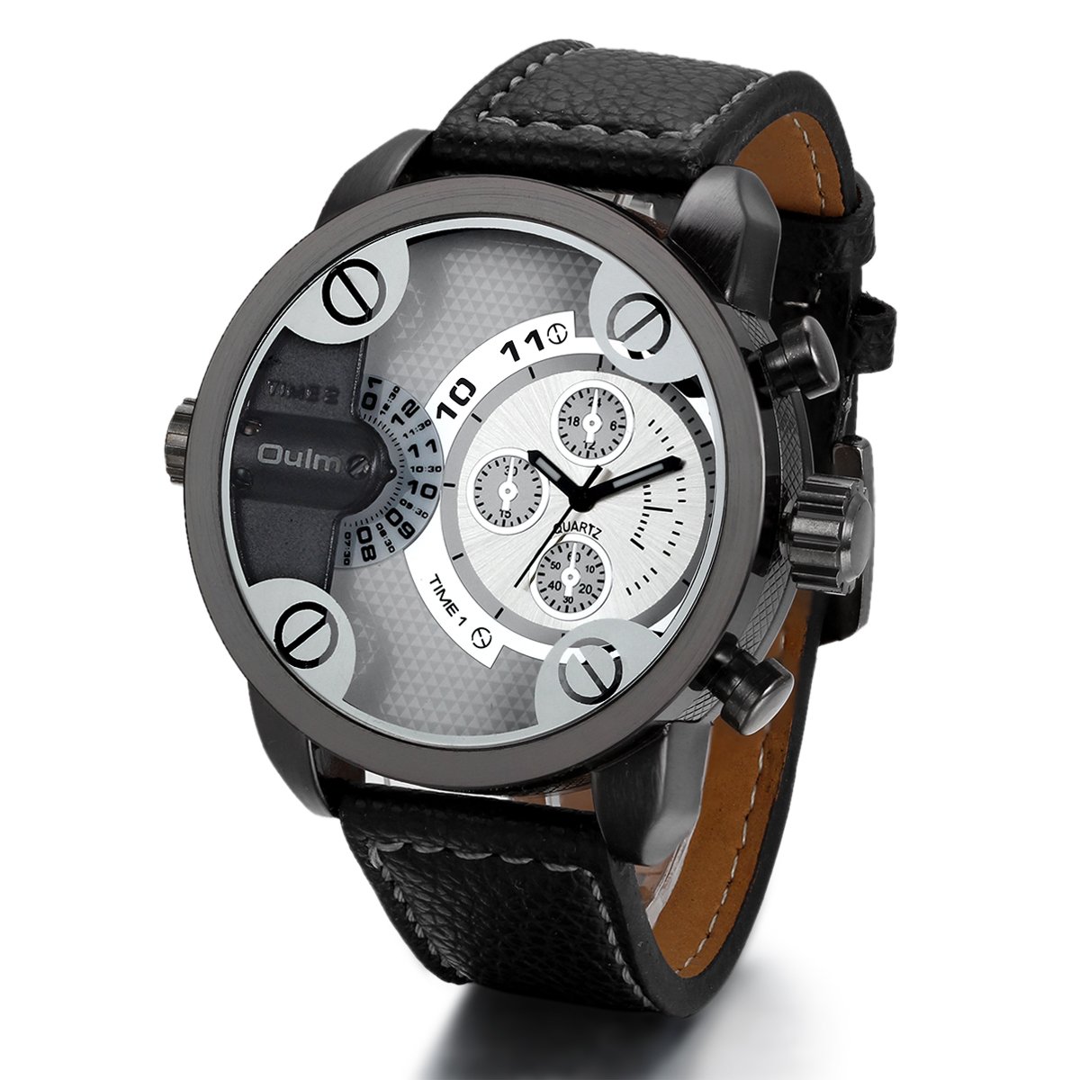 JewelryWe Men's Big Face Dual Time Business Dress Watch - Black Leather Strap Wristwatch for Professionals (Ideal Gift for Him) | Perfect for Office, Formal Events & Business Meetings