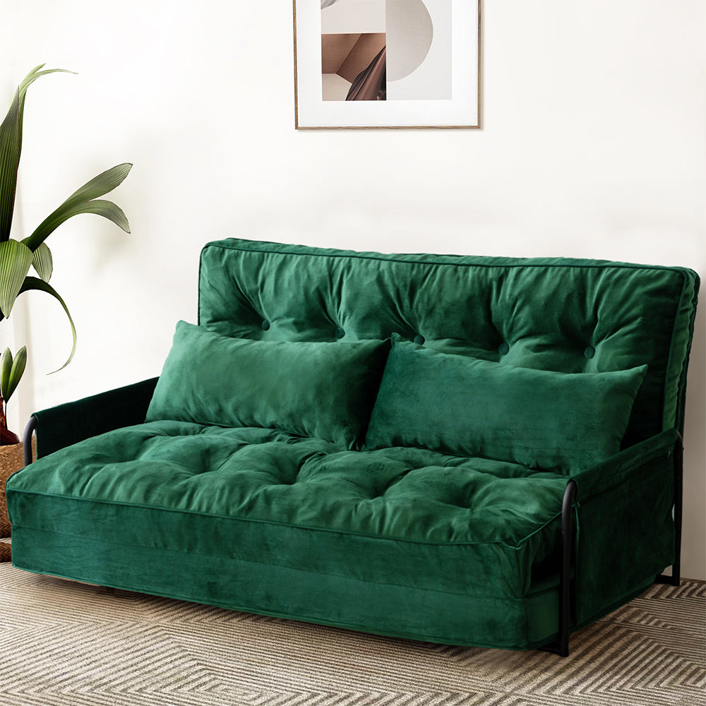 MAXYOYO Adjustable Floor Sofa Couch - Velvet Convertible Lazy Sofa Sleeper Bed with Pillows & Armrest, Double Size in Green | Perfect for Small Spaces, Living Rooms & Guest Beds