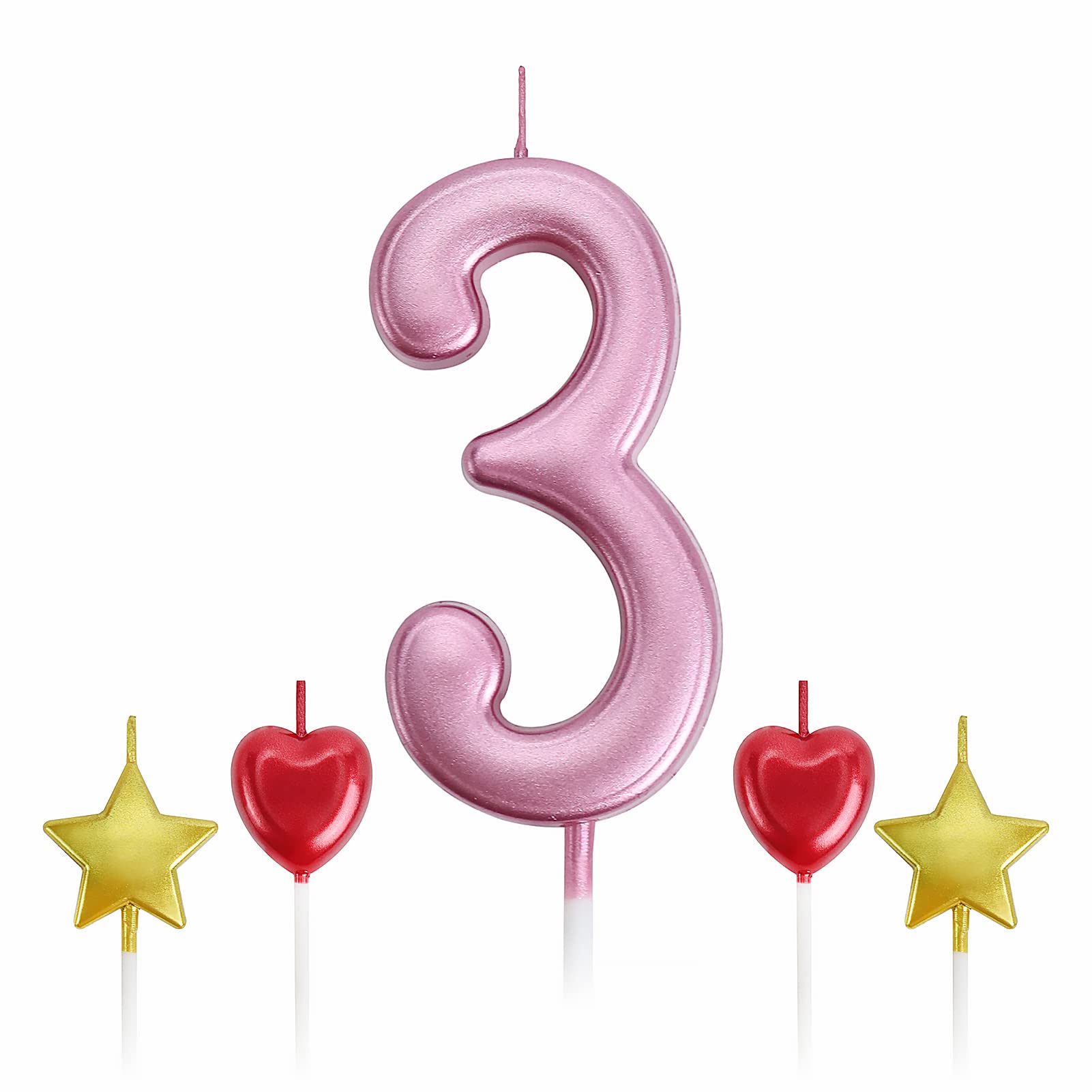 3rd Birthday Candles Pink - Number Cake Candles with Star & Heart Toppers for Parties & Celebrations