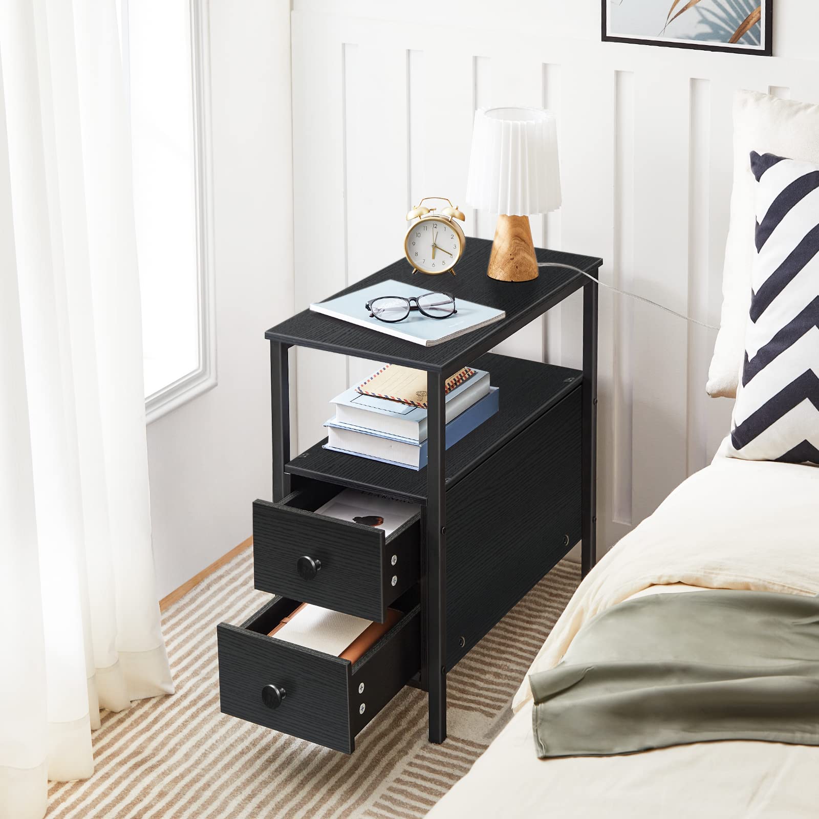 HOOBRO 2-Piece End Table Set with 2 Drawers & Open Shelves - Narrow Nightstand for Small Spaces, Wood Look Accent Table in Black (BK54BZP201G2) - Perfect for Living Room, Bedroom, or as Recliner Side Table