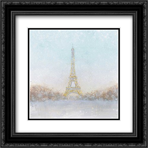 Marco Fabiano 15x15 Inch Black Ornate Framed Double Matted Museum Art Print - Eiffel Romance Turquoise Couple Painting | Paris Themed Wall Decor for Living Room, Bedroom & Office