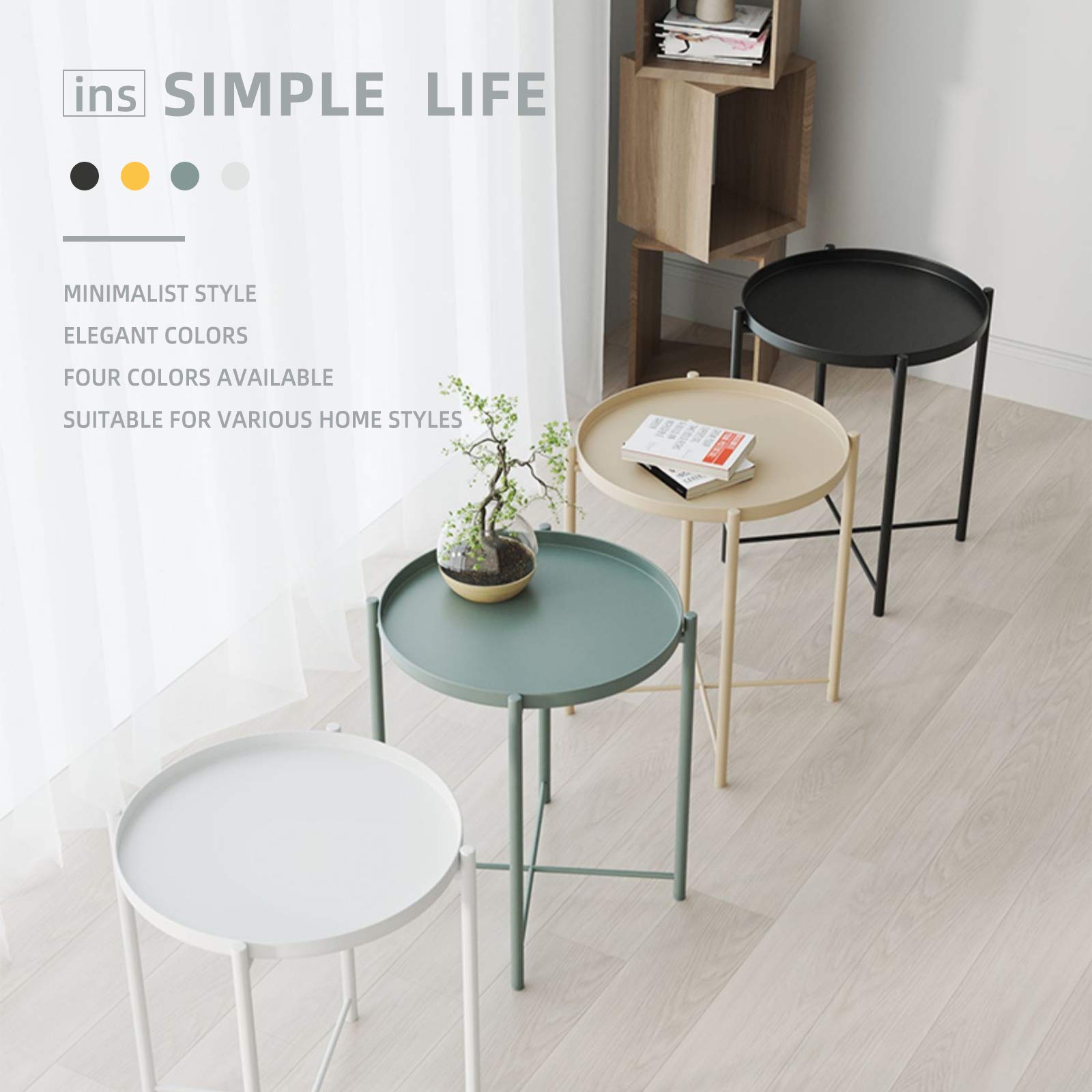 Round Metal Tray End Table - Waterproof Modern Side Table with Removable Tray for Living Room, Bedroom, Balcony & Lounge - Perfect as Coffee Table, Nightstand or Sofa Side Table (Black)