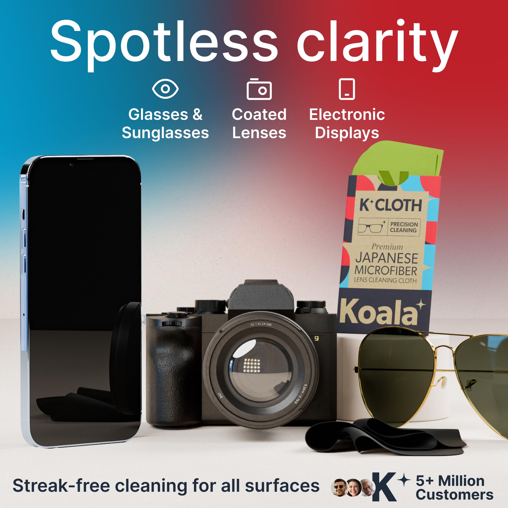 Premium Koala Lens Cleaning Cloth - Japanese Ultra-Soft Microfiber for Glasses, Eyeglasses, Camera Lenses, VR/AR Headsets & Screens - Anti-Scratch & Streak-Free - Perfect for Home, Office & Travel (6-Pack, Black & Green)