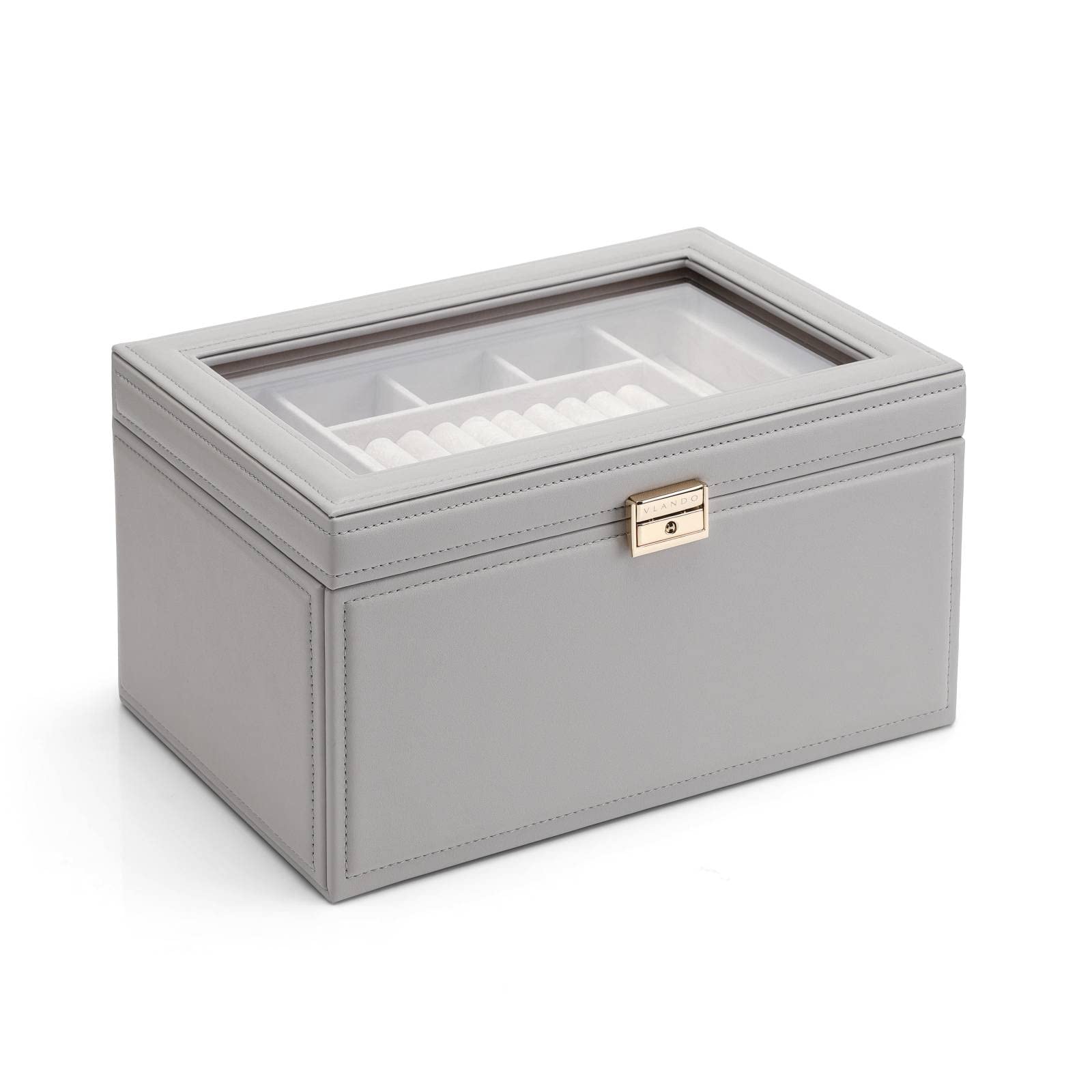 Vlando Large Jewelry Organizer Box - Faux Leather Jewelry Storage Case with Clear Lid for Women (Grey) - Perfect for Earrings, Necklaces, Rings & Gift Giving