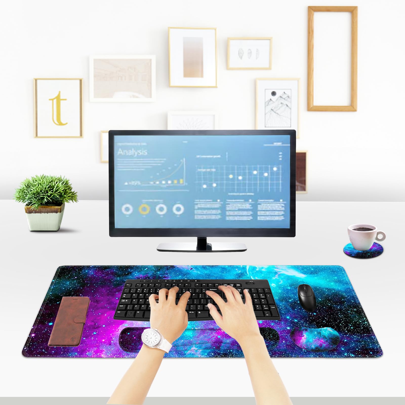 Extended Gaming Mouse Pad with Memory Foam Wrist Rest - Large Non-Slip Desk Mat for PC, Laptop, Office & Gaming - Ergonomic Keyboard Mouse Pad Set with Stitched Edges - Perfect for Home Office, Work, Study & Esports (Nebula Galaxy Design)