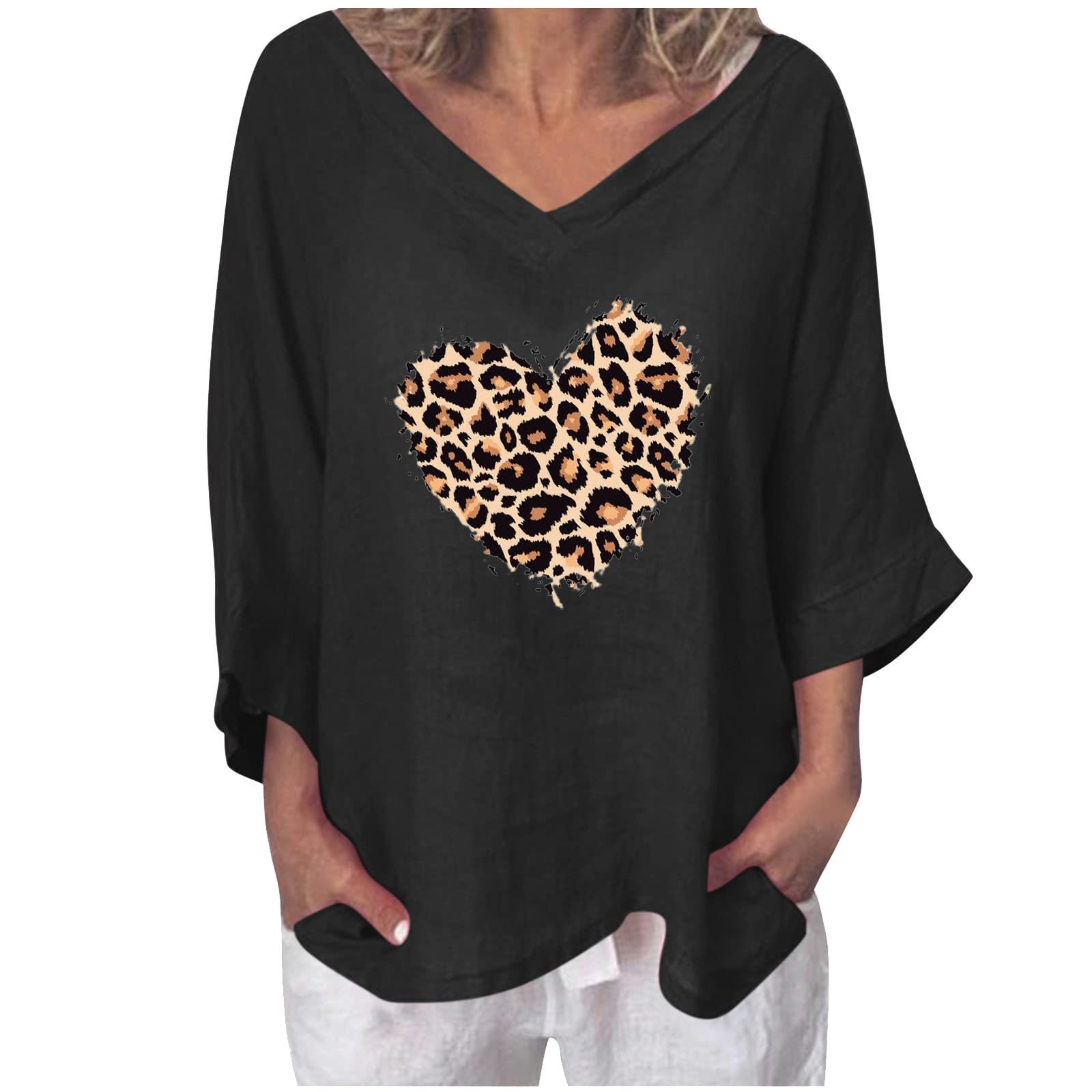 Valentine's Day Women's Love Heart Print Vintage V-Neck T-Shirt - Soft Cotton Linen Graphic Tee for Casual Wear & Romantic Dates