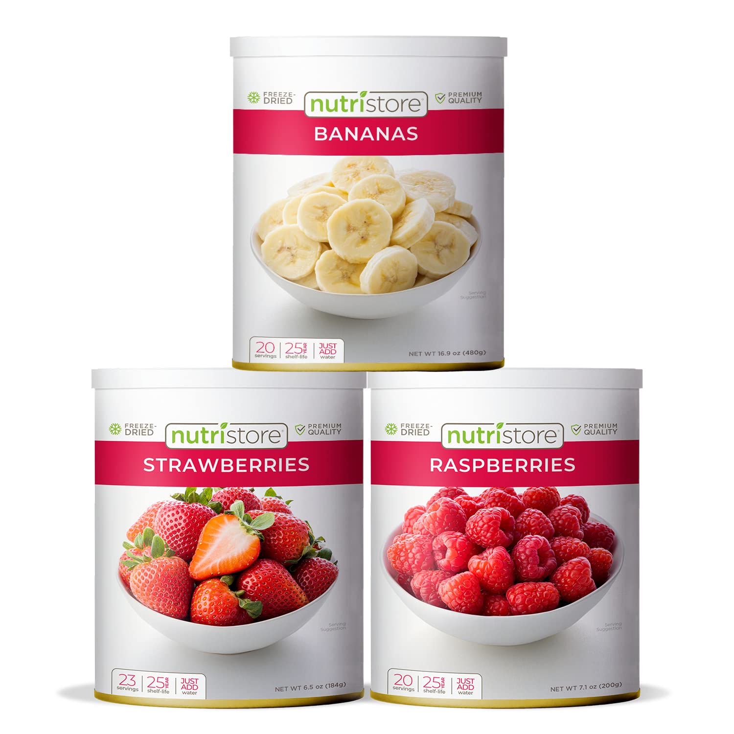 Nutristore Freeze Dried Fruit Variety Pack - Strawberries, Bananas & Raspberries | Healthy Snacks for Kids & Adults | Emergency Food Storage | 60 Servings (1 Month Supply) | Perfect for Camping, Hiking & Survival Kits