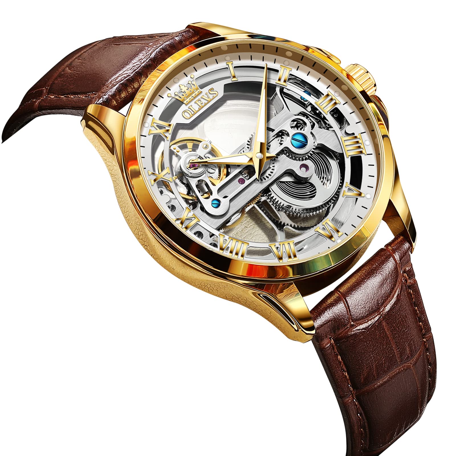 OLEVS Men's Skeleton Automatic Watch - Self Winding Mechanical Dress Watch with Leather Band, Large Face, Waterproof - Perfect for Business, Casual & Formal Occasions