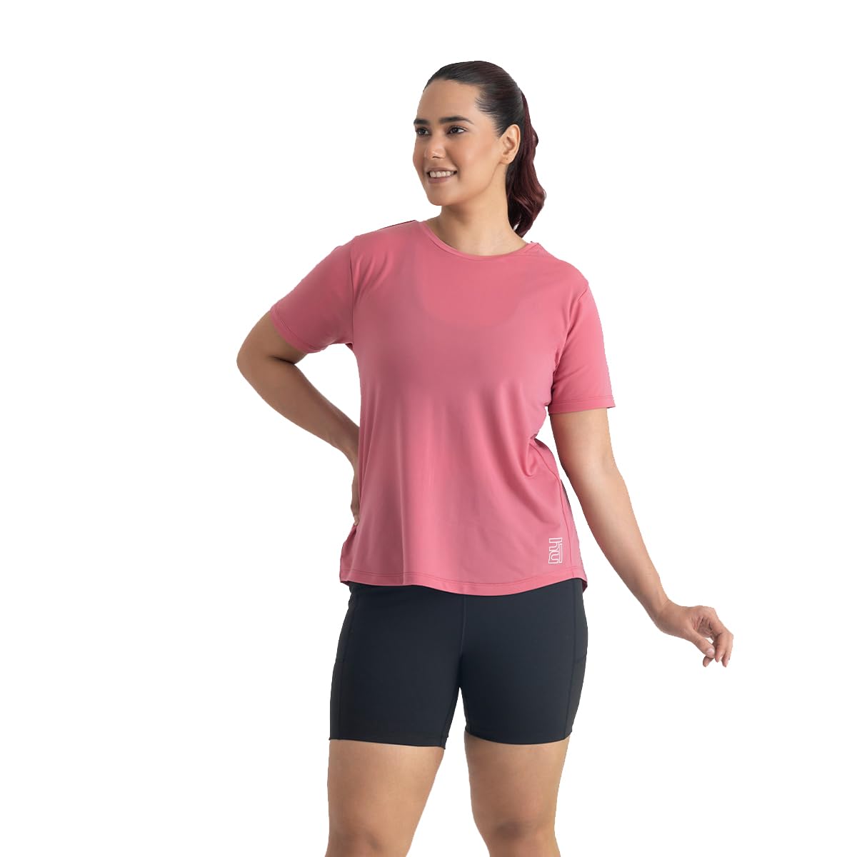 HUNNIT Women's Half Sleeve Gym Top - Solid Workout T-Shirt with Tie Knot Back | Regular Fit Hip-Length Shirt | Quick Dry Moisture Wicking Fabric for Yoga, Running & Fitness
