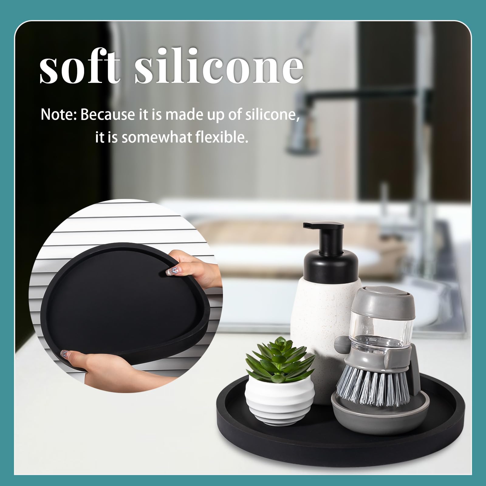 Black 9 Inch Round Silicone Bathroom Tray - Decorative Vanity Organizer for Soap, Candle, Perfume & Plants | Perfect for Bathroom Counter, Kitchen, Coffee Table & Home Decor