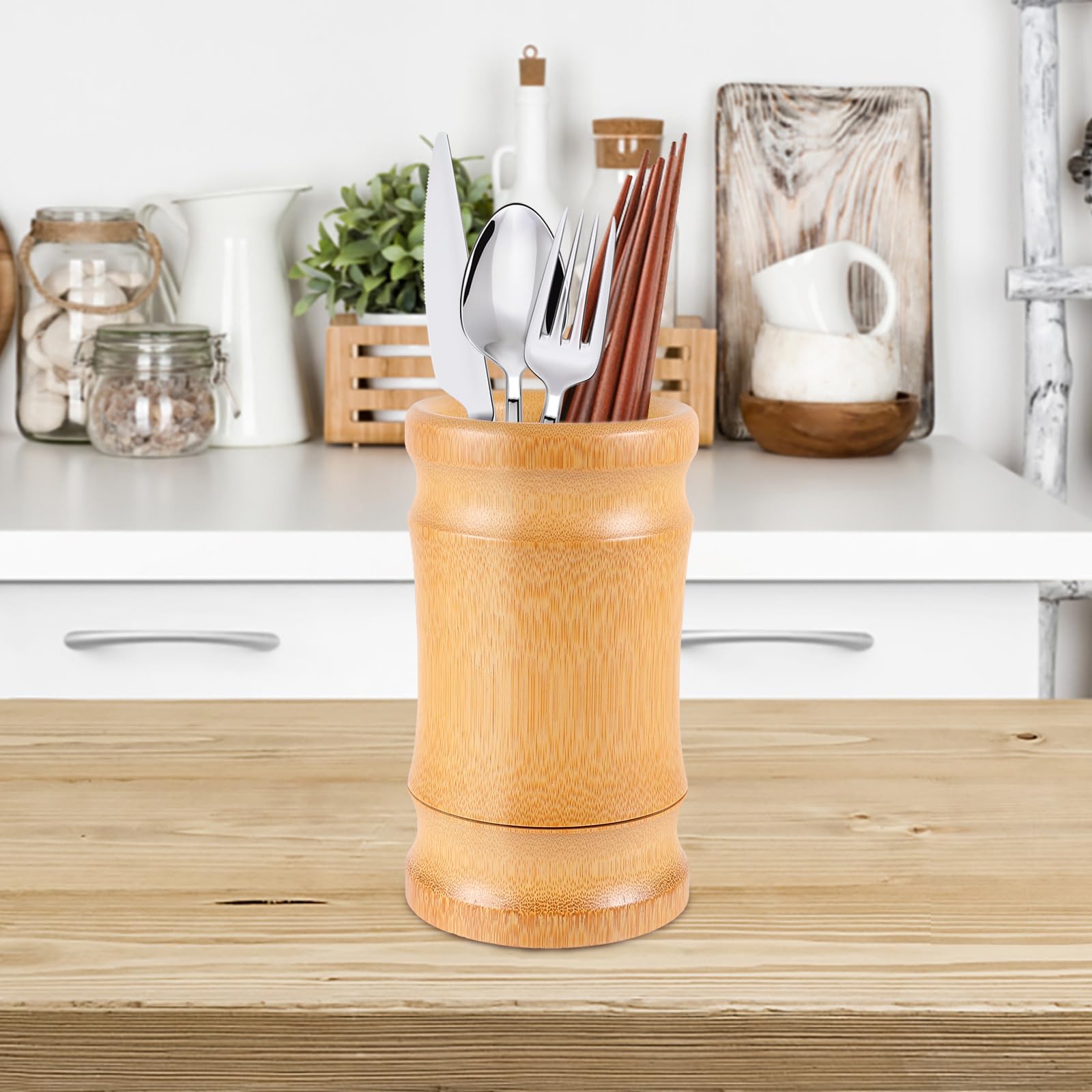 Bamboo Utensil Holder for Kitchen Counter - Spoon Organizer for Cooking