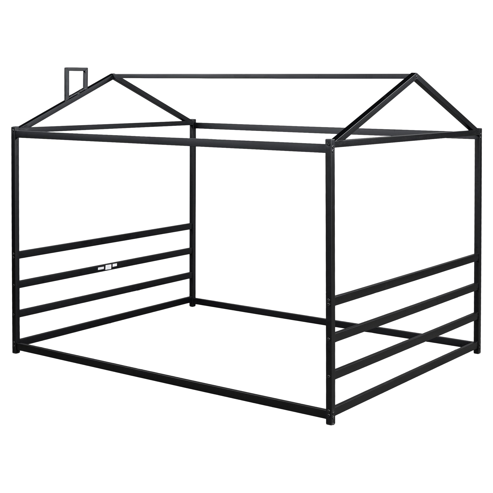 Montessori Metal Queen Size Floor Bed with Roof - Sturdy House Bed Frame for Kids, Boys & Girls - Black | Perfect for Montessori Bedrooms, Playrooms & Cozy Sleep Spaces
