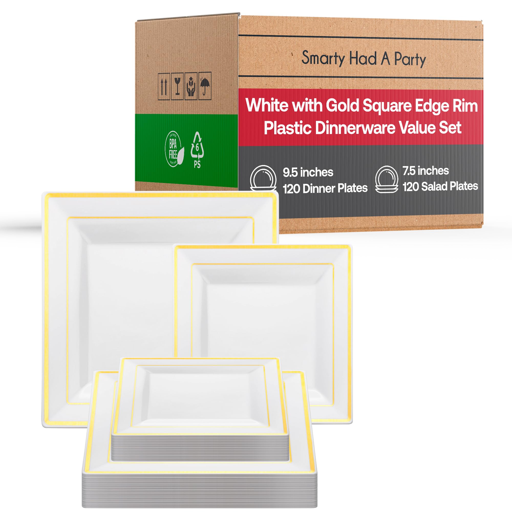 Premium Heavy Duty Disposable Plastic Dinnerware Set - Elegant Square Plates for Weddings, Birthdays & Special Events (White & Gold, 120-Piece Combo) - Perfect for Catering, Parties & Large Gatherings