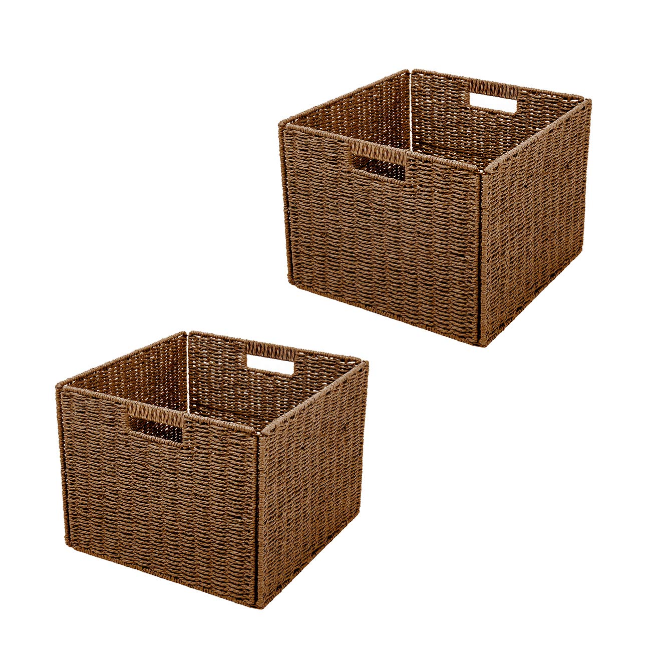 Trademark Innovations Foldable Storage Basket Set of 4 - Brown Woven Iron Wire Frame Organizer Bins for Home, Office, Closet & Laundry Room Organization
