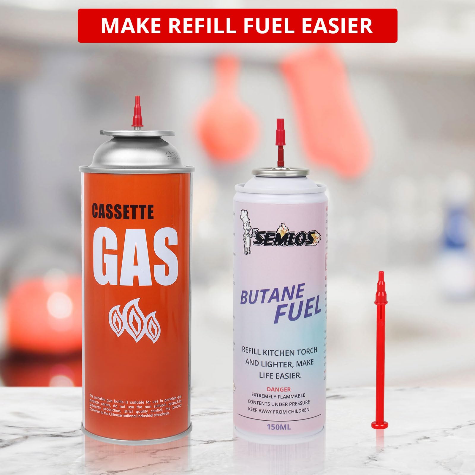 Semlos Butane Tank Adapter - 3 Pack Butane Nozzle Tips for Lighter & Torch Refill | Universal Gas Refill Adapter for All Nozzle Gas Tanks | Perfect for Kitchen Torches, Cigarette Lighters & Camping Stoves (Red)