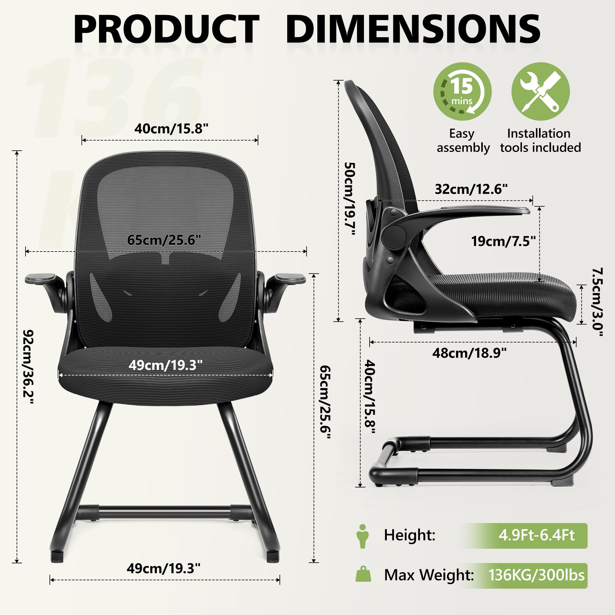 Primy Waiting Room Chairs - Flip-Up Armrests & Adjustable Lumbar Support - Breathable Mesh Office Guest Chairs for Reception, Conference Rooms & Elderly Use - Black Stationary Desk Chair Without Wheels - Perfect for Clinics, Hospitals, and Corporate Lobbies