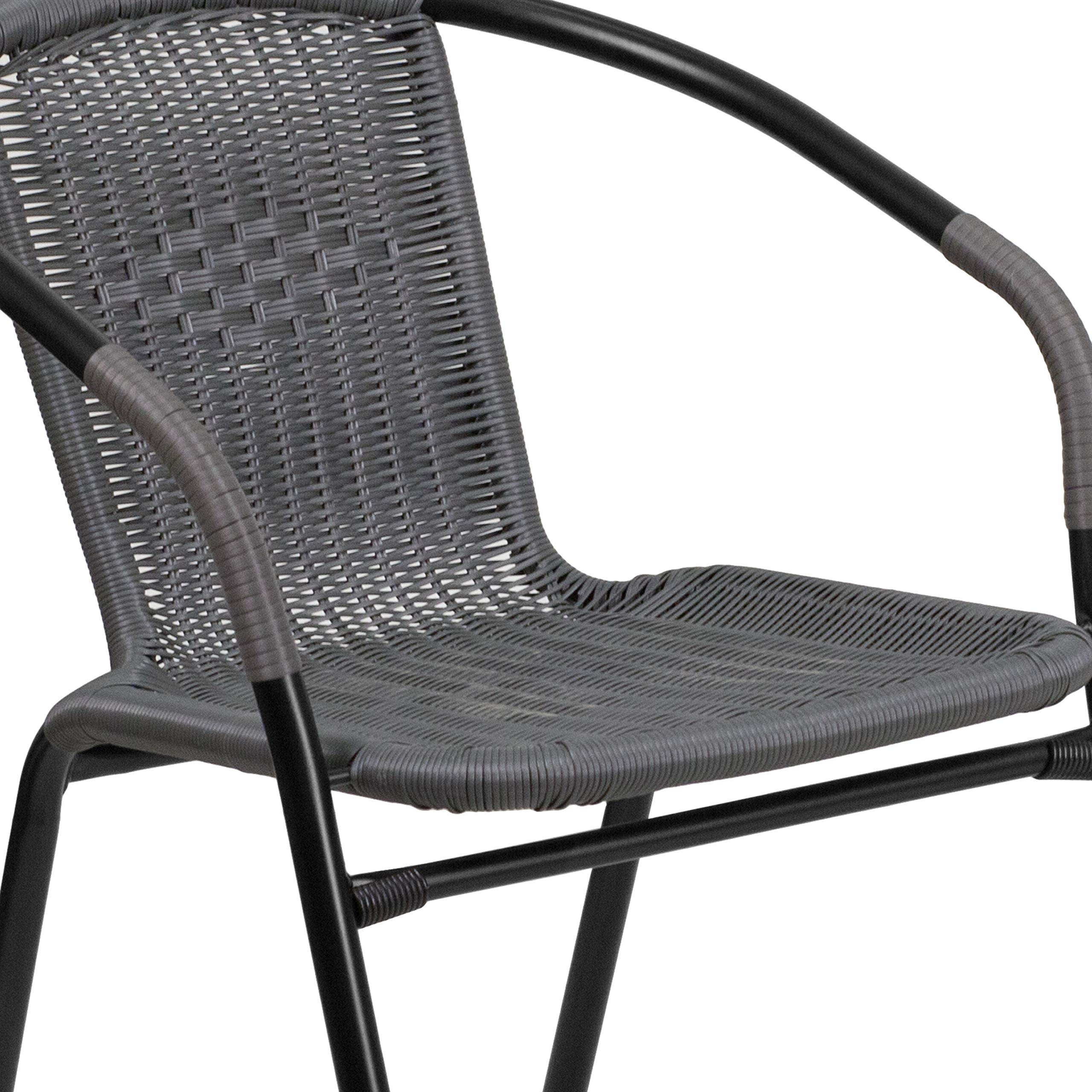 Flash Furniture 3-Piece Outdoor Dining Set - Round Glass Top Metal Table with 2 Stackable Wicker Chairs, Gray Bistro Set for Patio, Garden, Balcony & Backyard Relaxation