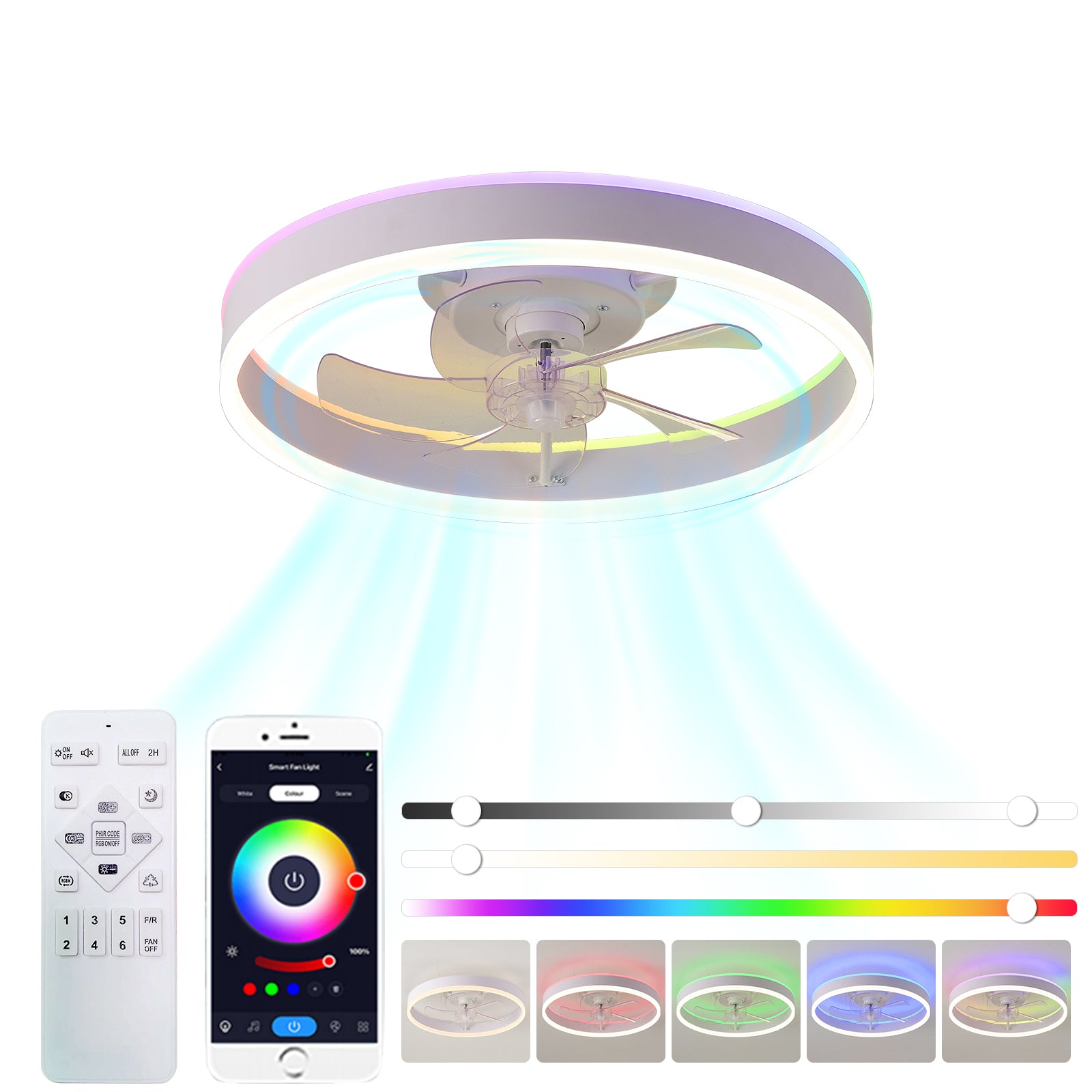 19.7 Inch RGB LED Ceiling Fan with Light - 3 Color Temperatures, 6 Speed Adjustable, Reversible Rotation for Bedroom, Living Room & Office