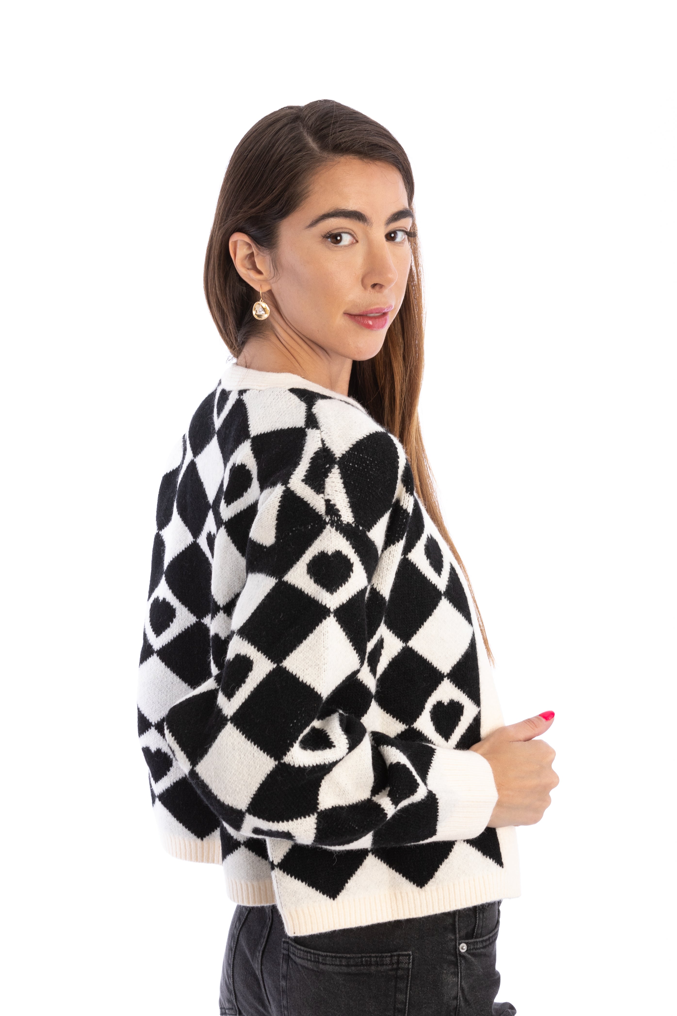 Checkered Hearts Cropped Cardigan for Women - Stylish Knit Sweater for Casual Outfits & Date Nights