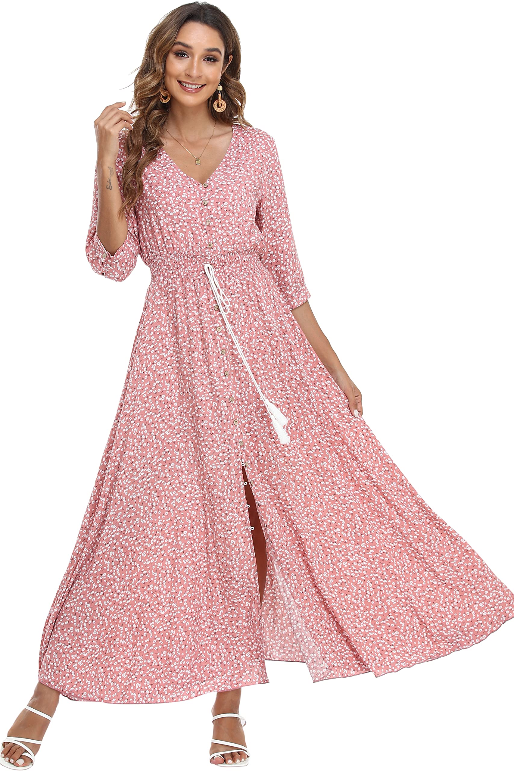 Vintage Floral Maxi Dress for Women - Long Sleeve Boho Beach Dress with Flowy Silhouette | Perfect for Summer Vacations, Music Festivals & Beach Weddings