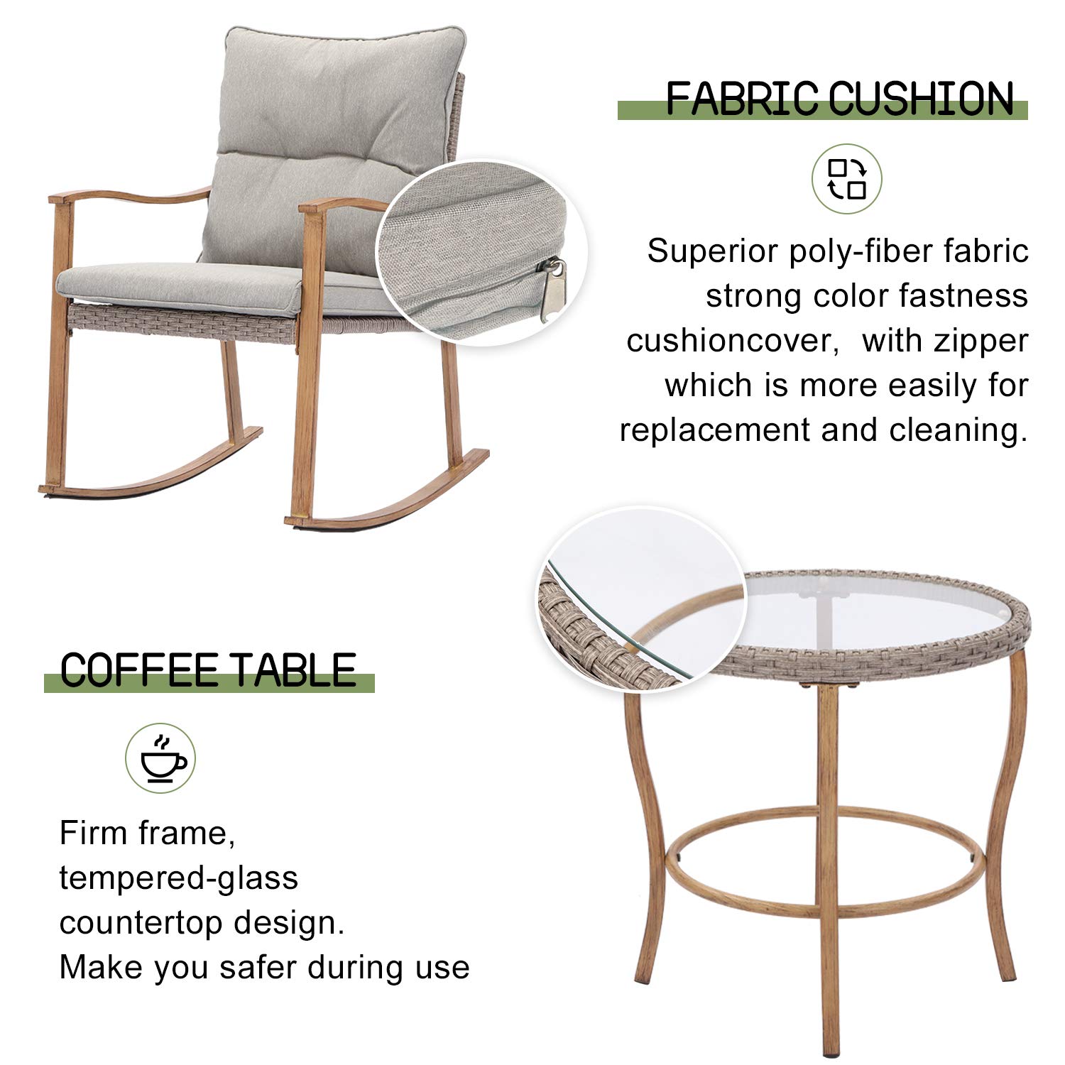 HOMPUS 3-Piece Outdoor Rocking Chair Set - Wicker Patio Furniture with Wood Armrests & Warm Gray Cushions, Includes Glass Coffee Table - Perfect for Front Porch, Balcony, Garden, and Backyard Relaxation