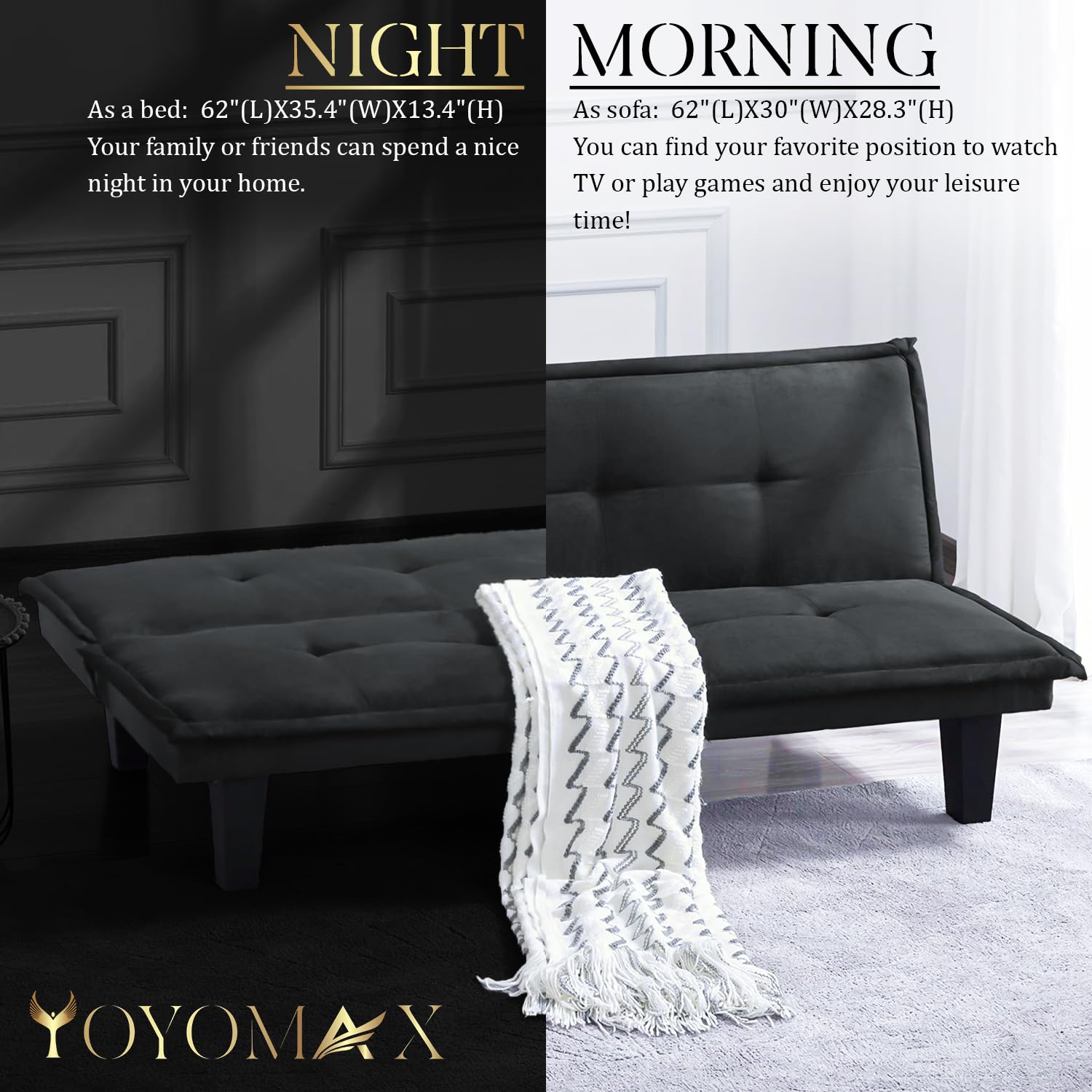 Yoyomax Convertible Futon Sofa Bed - Breathable Fabric Foldable Couch for Small Spaces, 62