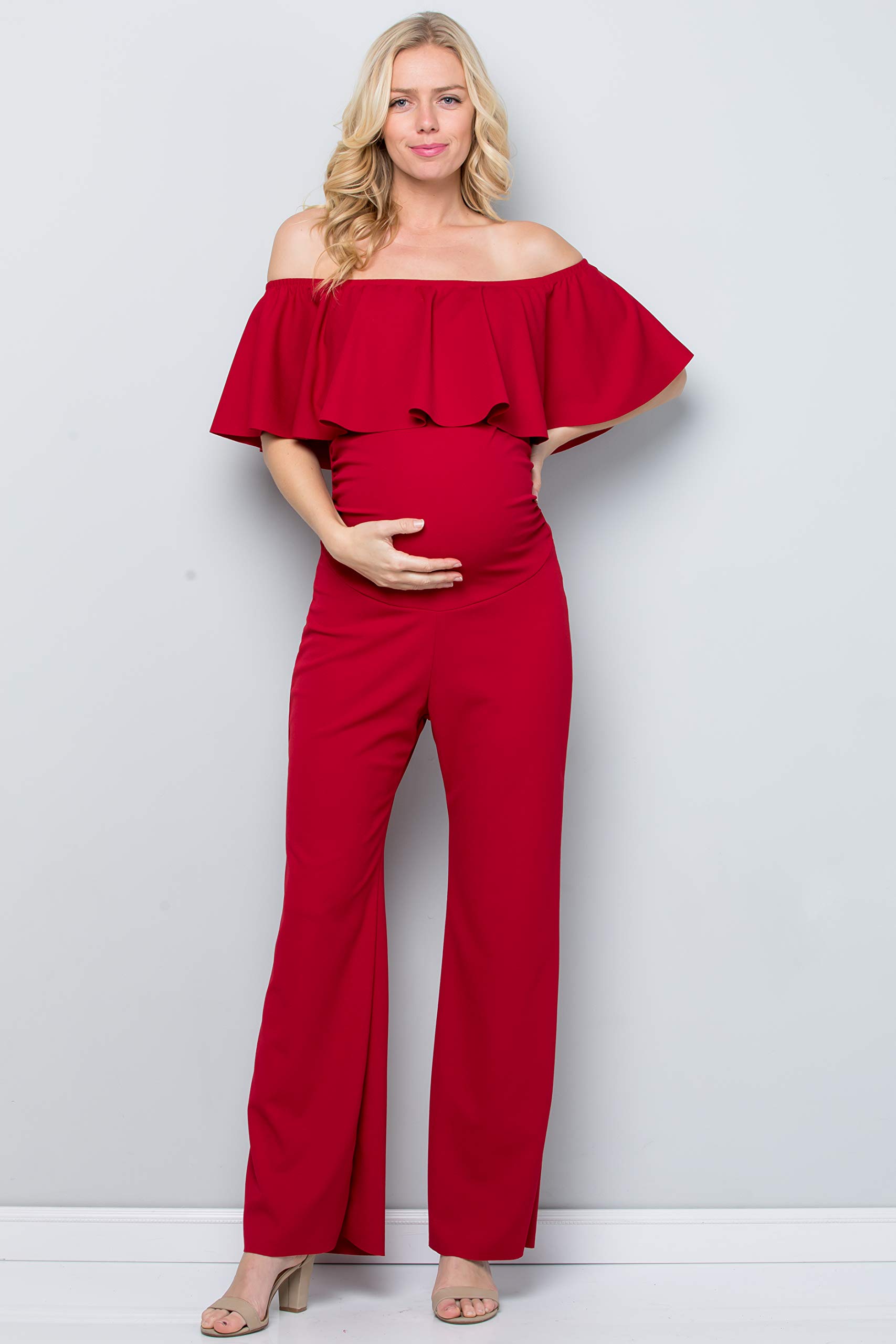 My Bump Maternity Ruffle Off Shoulder Jumpsuit - Made in USA | Comfortable Pregnancy Outfit for Baby Shower, Maternity Photoshoot & Special Occasions