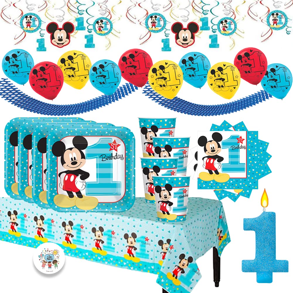 Mickey Mouse 1st Birthday Party Supplies Pack for 16 Guests - Plates, Napkins, Cups, Large Candle, Balloons & Decorations | Fun to be One Mega Party Theme | Perfect for Baby's First Birthday Celebration & Disney Themed Events