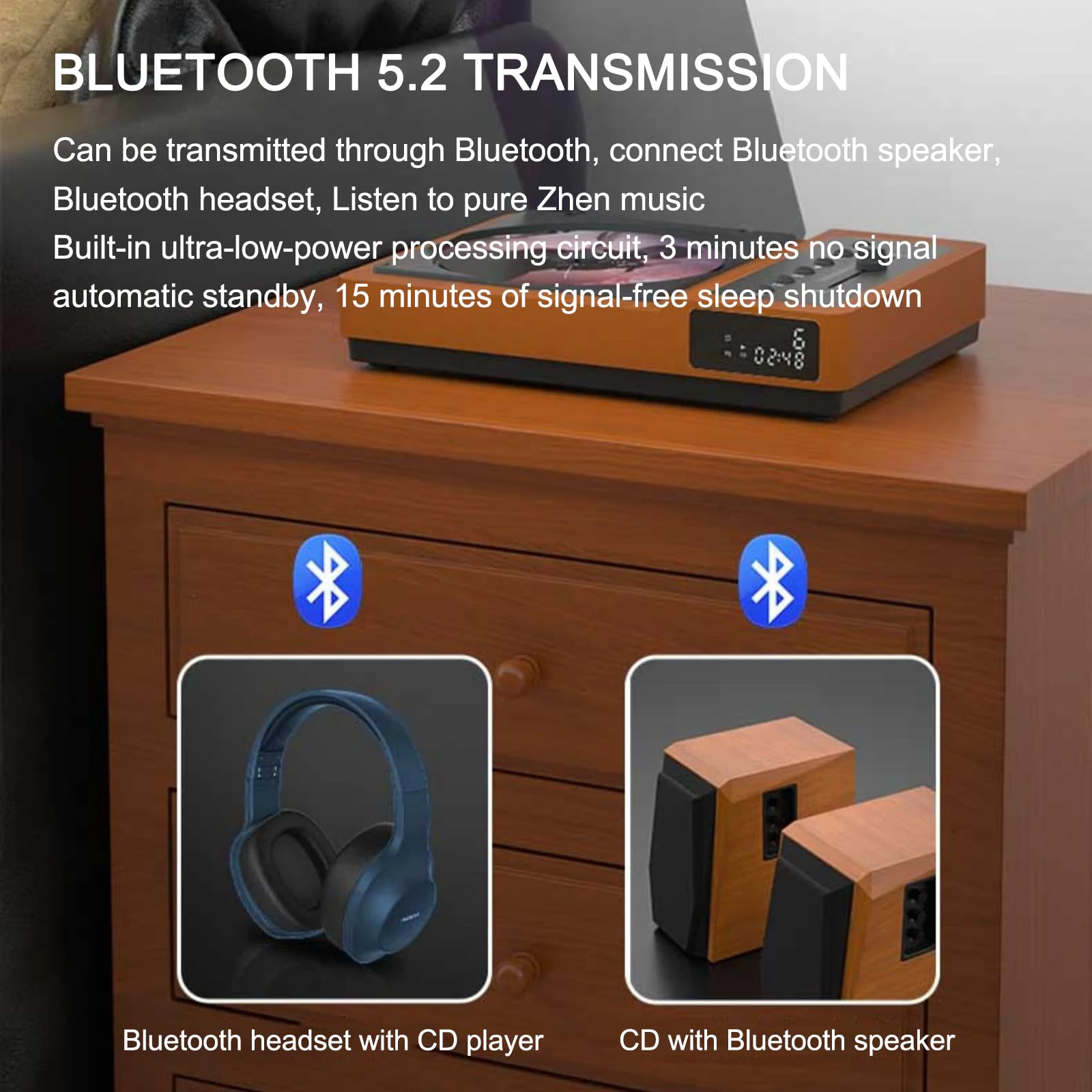 Vintage Bluetooth 5.2 CD Player with Adjustable Bass, Built-in Rechargeable Battery & IR Remote Control - Portable CD Player for Home, Car and Office Use