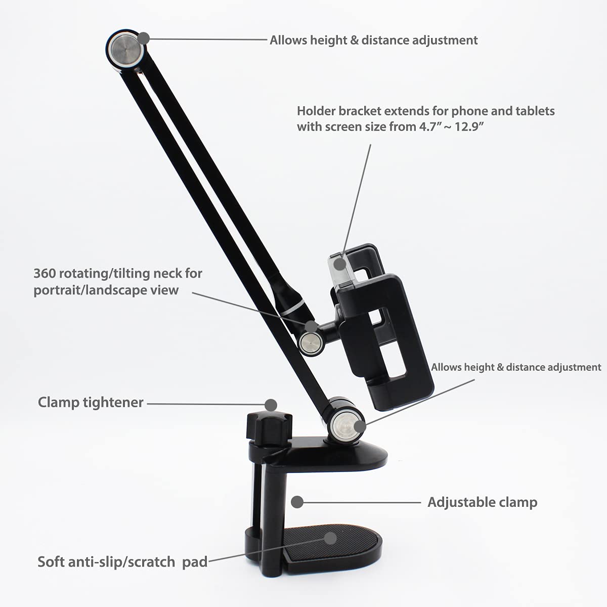 Adjustable 360° Rotating Phone & Tablet Holder for Bed & Desk - Flexible Phone Mount with iPad Stand for Laying Down, Watching Videos & Working - Black (Perfect for Home, Office & Travel Use)