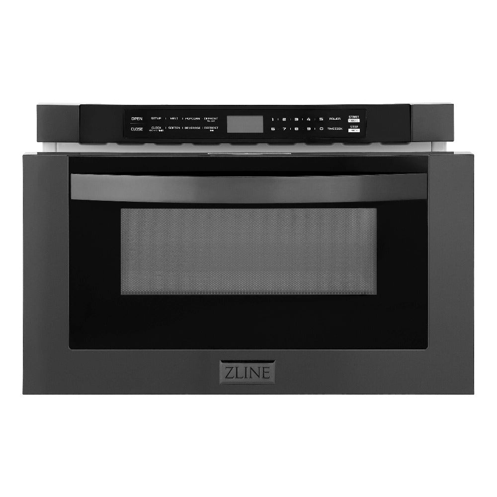 ZLINE 48-Inch Black Stainless Steel Kitchen Package - 5KPR Dual Fuel Range, RABRH48 Range Hood, MWDWV Microwave Drawer & 24
