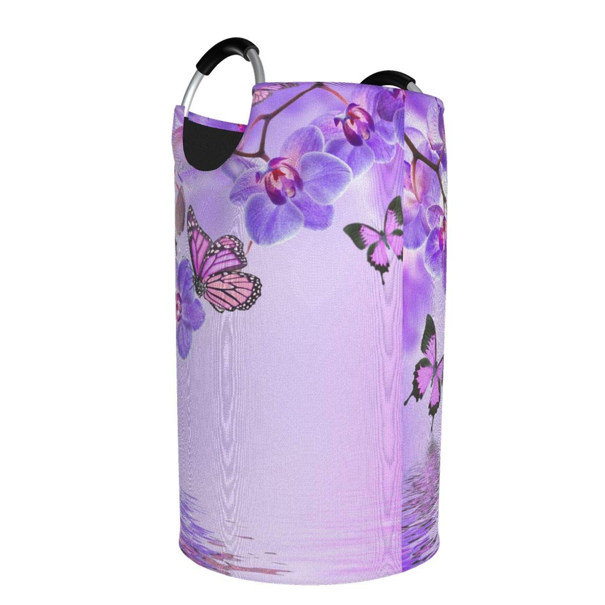 Dujiea 82L X-Large Collapsible Laundry Hamper with Aluminum Handles - Purple Butterfly Design, Tall Round Clothes Storage Basket for Kids, Dorm Room, Bedroom & Bathroom Organization