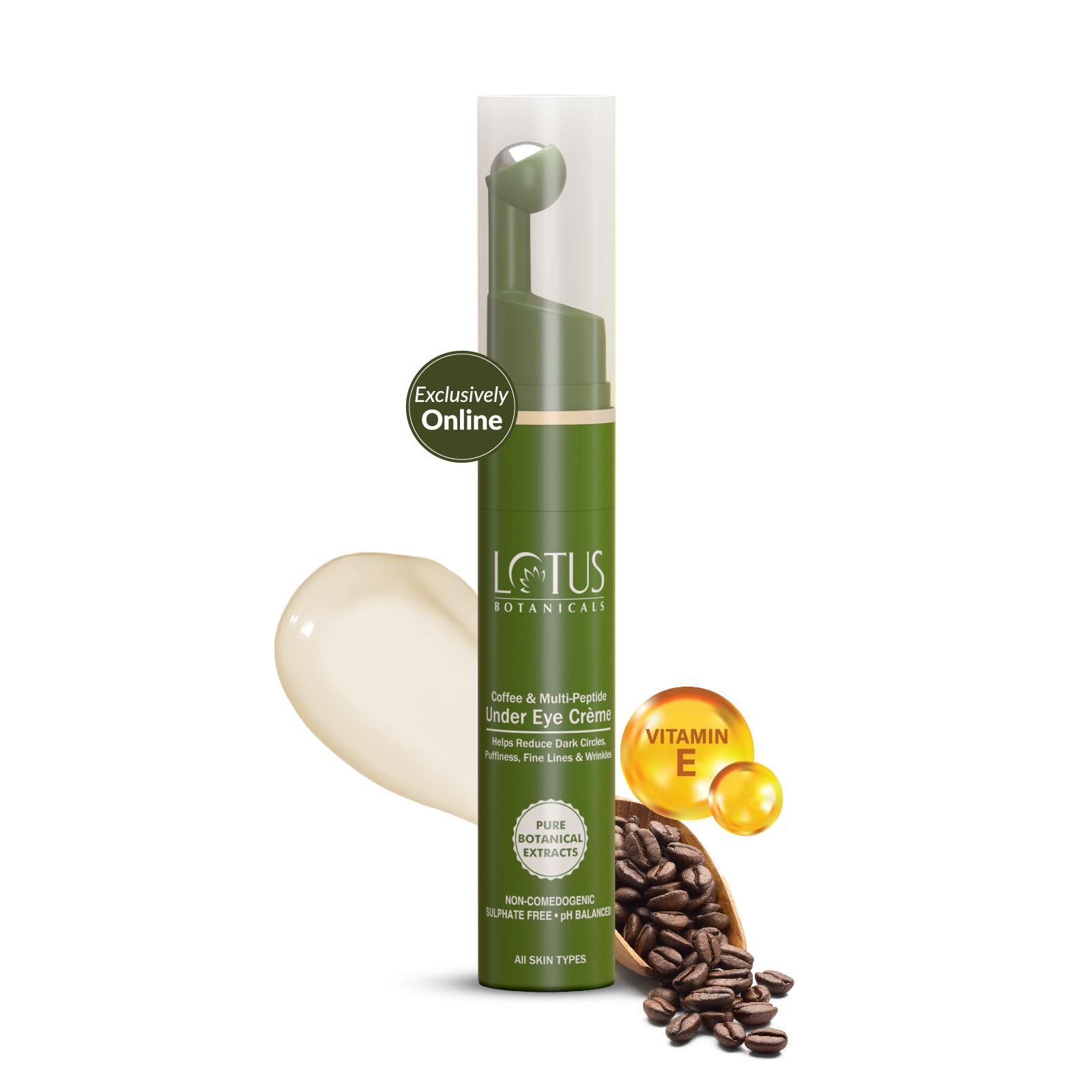 LOTUS BOTANICALS Anti-Aging Under Eye Cream with Coffee, Multi-Peptide & Vitamin E - 15ml Dark Circle Treatment for Puffiness & Wrinkles - Perfect for Night Routine & Travel Skincare