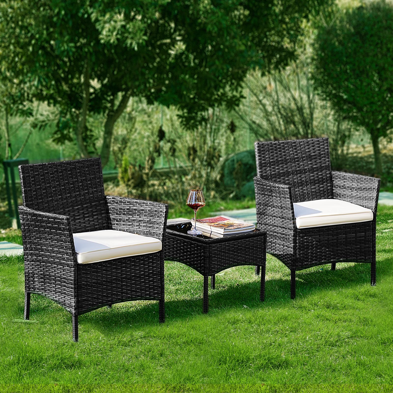 DUMOS 3-Piece Patio Furniture Set - Outdoor Wicker Rattan Sofa & Coffee Table - Modern Garden Conversation Set for Terrace, Porch, Balcony, Lawn (Black & Beige) | Perfect for Outdoor Relaxation & Entertaining