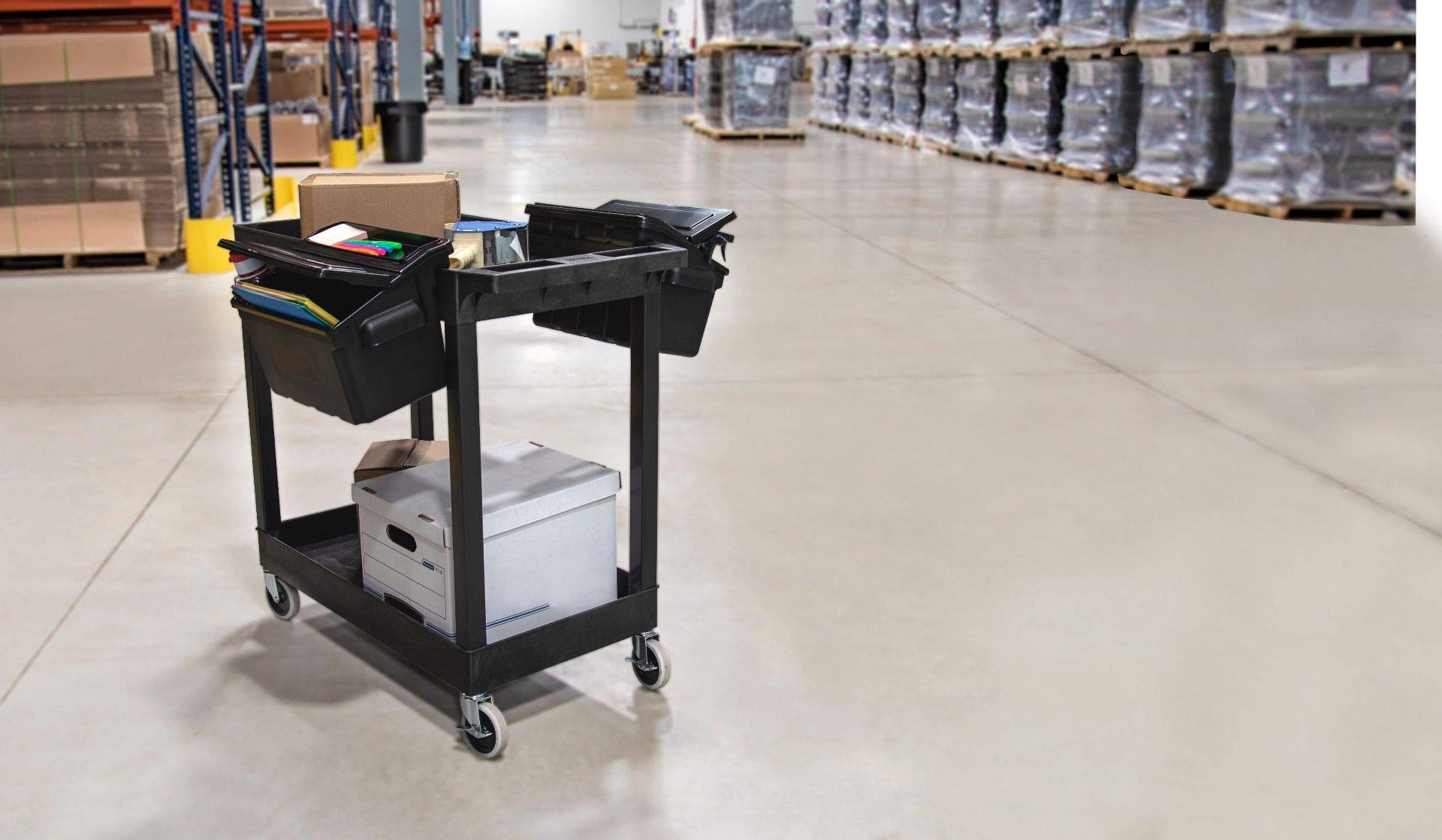 LUXOR EC11-B-OUTRIG Heavy Duty Plastic Utility Tub Cart with 2 Shelves & Outrigger Bins - 32