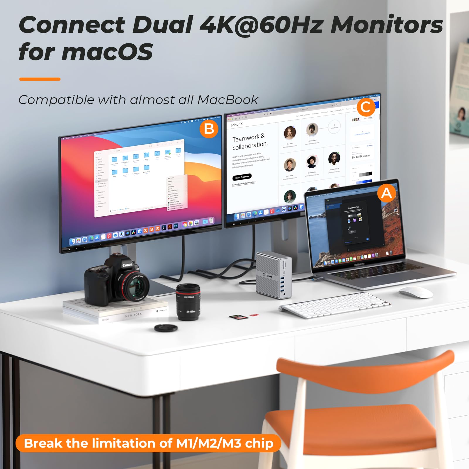 TobenONE Universal Docking Station for MacBook & Windows - Dual 4K@60Hz HDMI & DisplayPort, 65W Power Delivery, 7 USB Ports, USB-C 3.1, Ethernet, SD/TF Card Reader - Perfect for Home Office, Gaming & Multi-Monitor Setup
