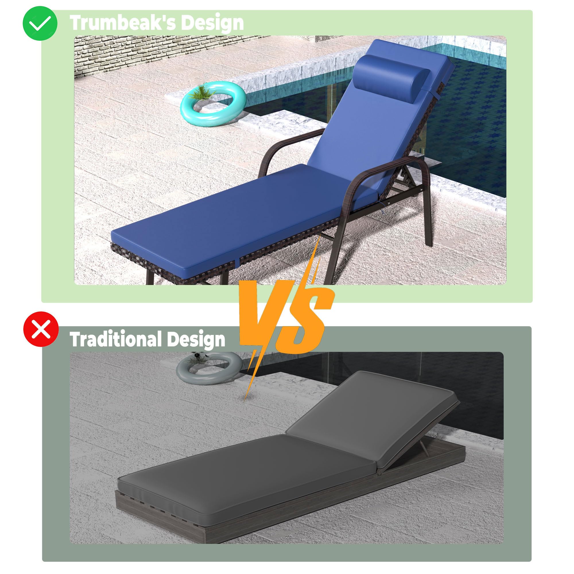 3-Piece Patio Chaise Lounge Set with Cushions - Adjustable Rattan Backrest Outdoor Folding Chairs & Table - Navy Blue Poolside Furniture for Backyard, Porch, Beach and Garden Relaxation