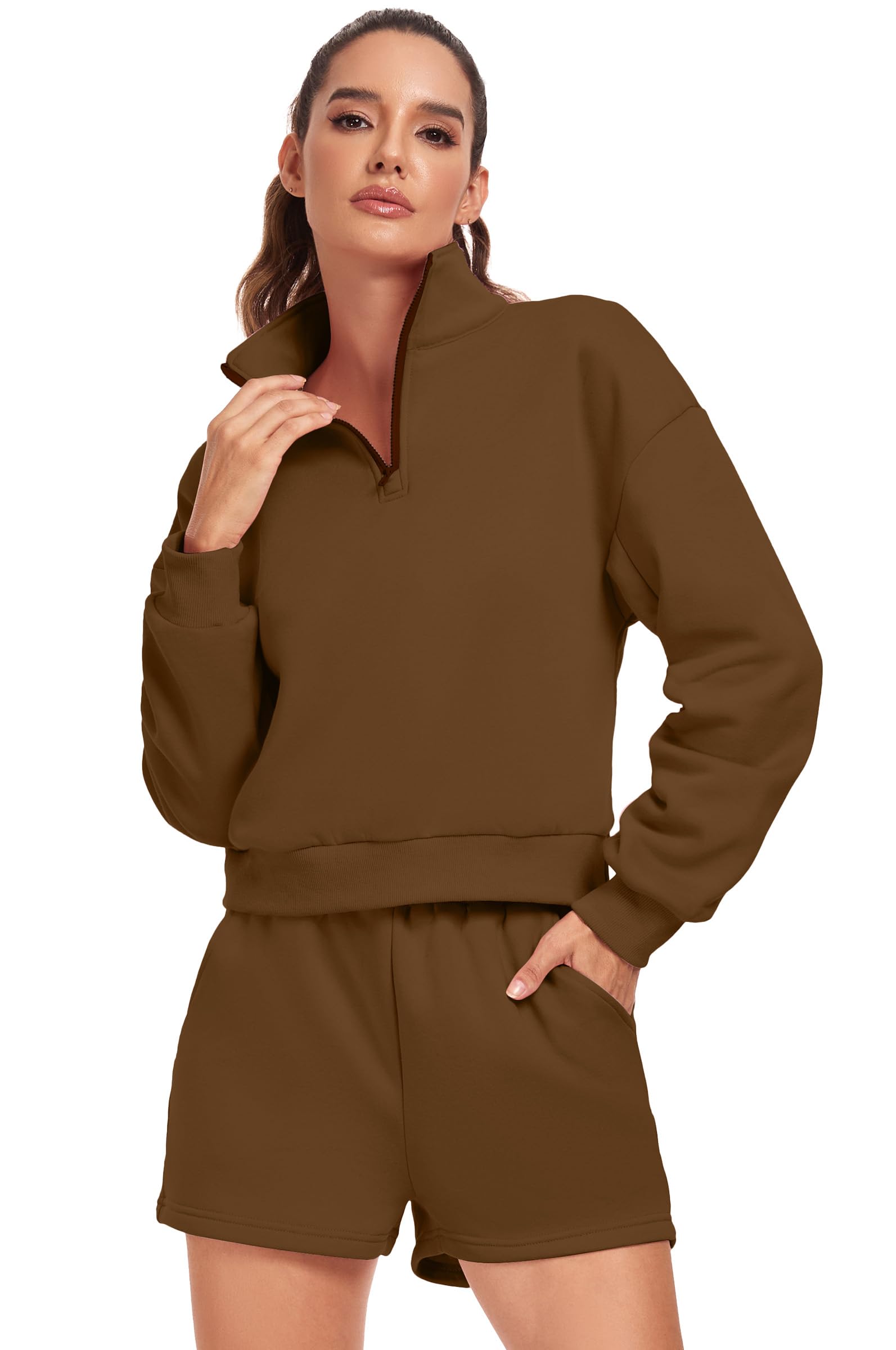 Women's 2-Piece Oversized Half-Zip Sweatshirt & Shorts Lounge Set - Casual Tracksuit for Women - Perfect for Home, Gym, and Everyday Wear