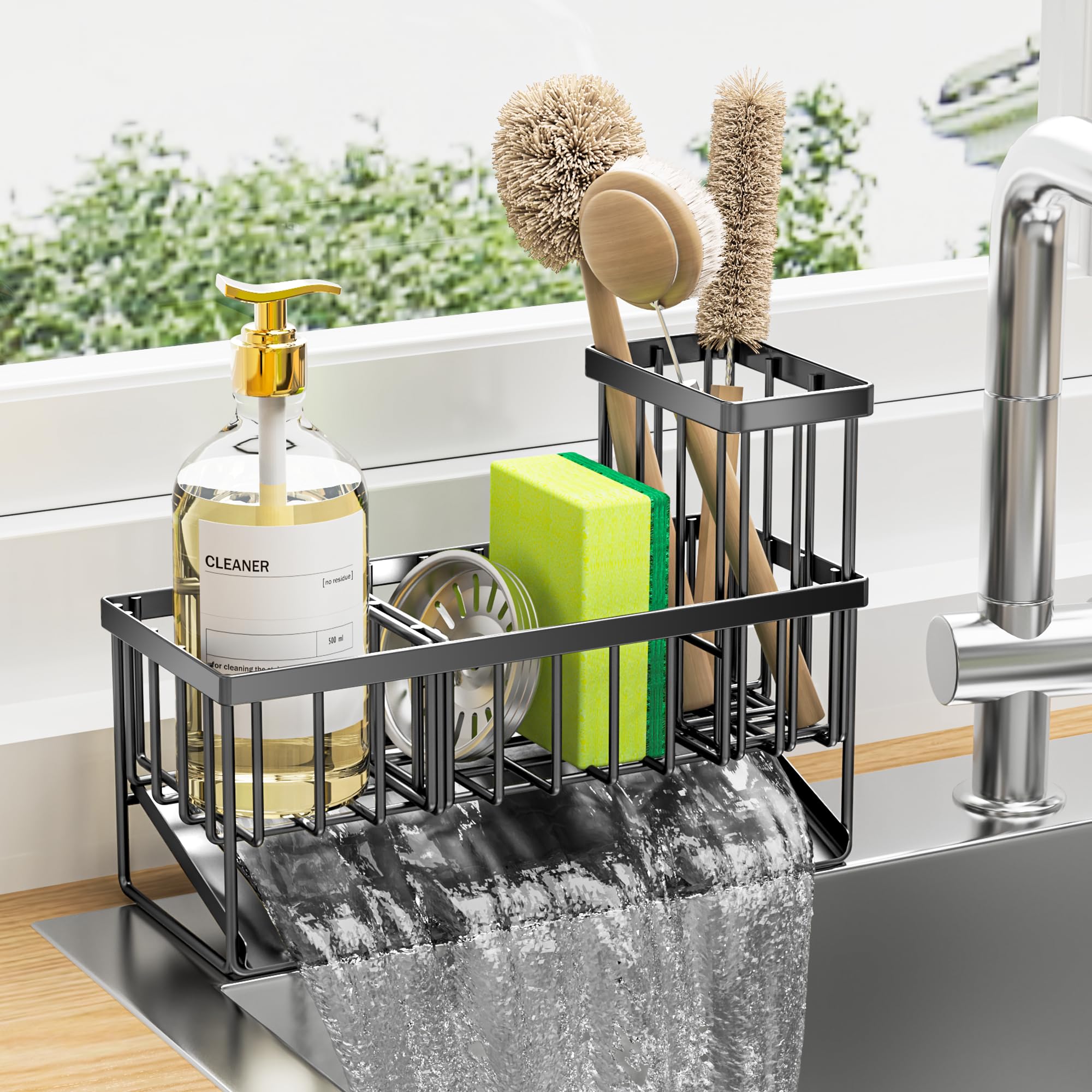 Cisily Stainless Steel Kitchen Sink Organizer with Brush & Sponge Holder, 304 Rustproof Countertop Soap Dispenser, Space-Saving Kitchen Decor for Modern Homes, Perfect for Small Kitchens and Apartment Living
