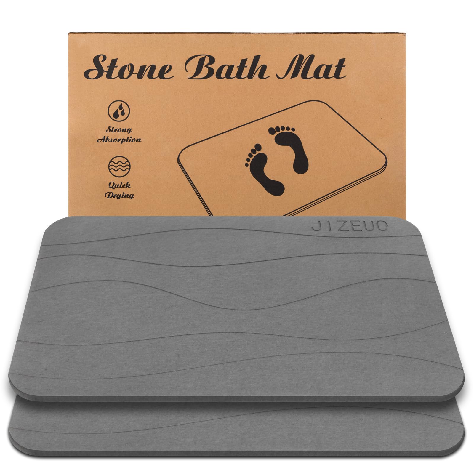 Premium Diatomaceous Earth Bath Mat - Non-Slip Super Absorbent Quick Drying Stone Shower Mat for Bathroom Floor (2 Pack, Grey) - Perfect for Wet Rooms, Spa Showers & Modern Bathroom Decor