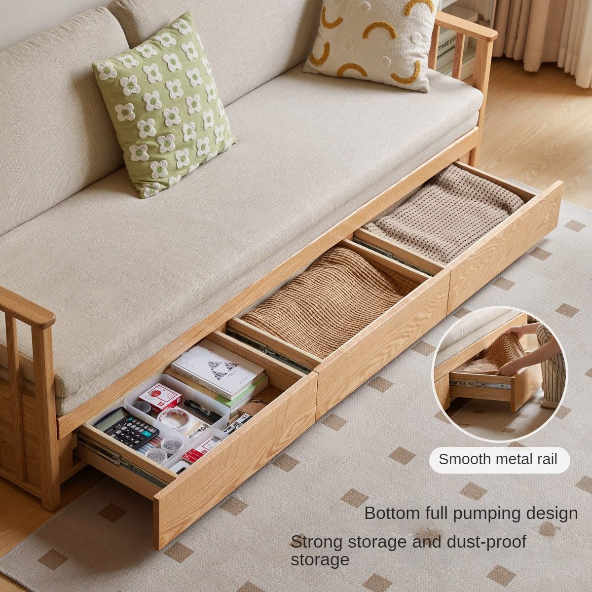 Solid Oak Wood Storage Sofa Bed - Convertible Sitting & Sleeping Furniture for Small Spaces, Living Room, Guest Room & Apartments