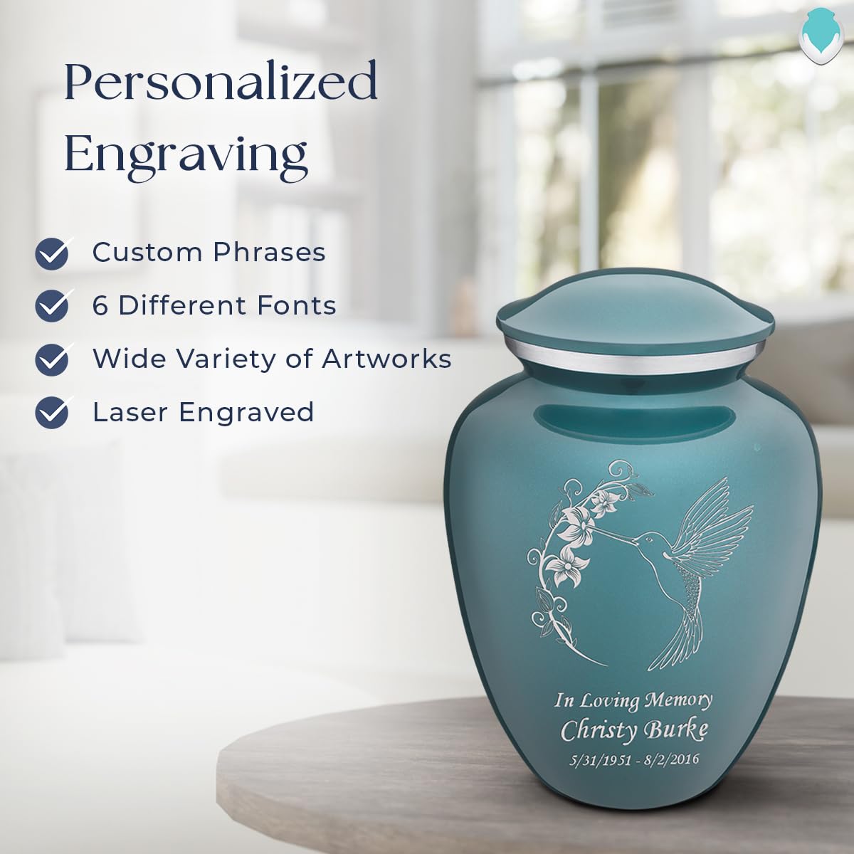 Personalized Hummingbird Cremation Urn for Human Ashes - Large Teal Funeral Urn with Double Side Engraving for Adults (200 lbs Capacity) | Memorial Keepsake for Home, Funeral Service & Scattering Ceremonies